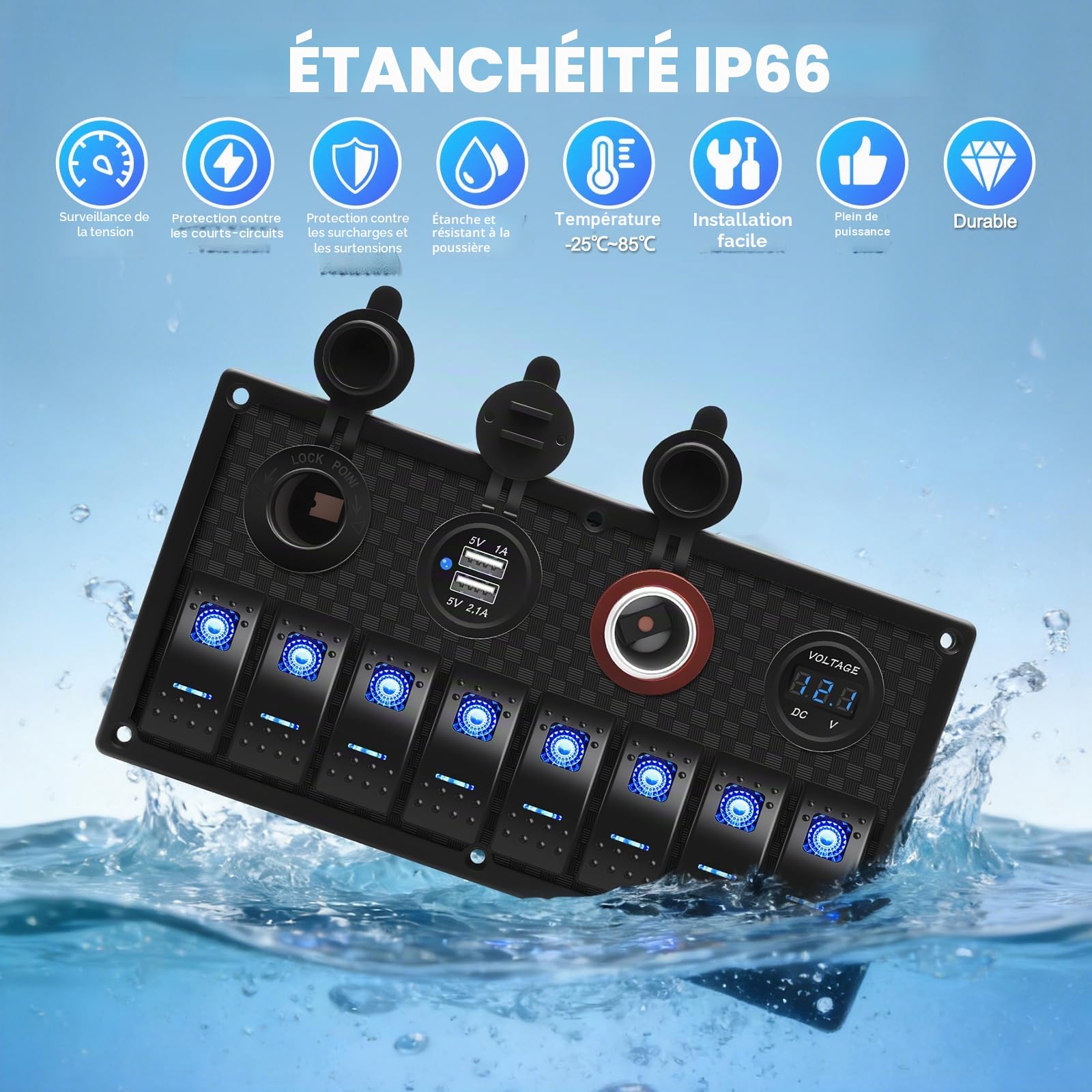 Geloo Panneau d'interrupteur à Bascule à 8 Interrupteurs Étanche 12 V/24 V Affichage Numérique de la Tension Double port USB Chargeur pour Camping-car, Bateaux, Voitures - Bleu