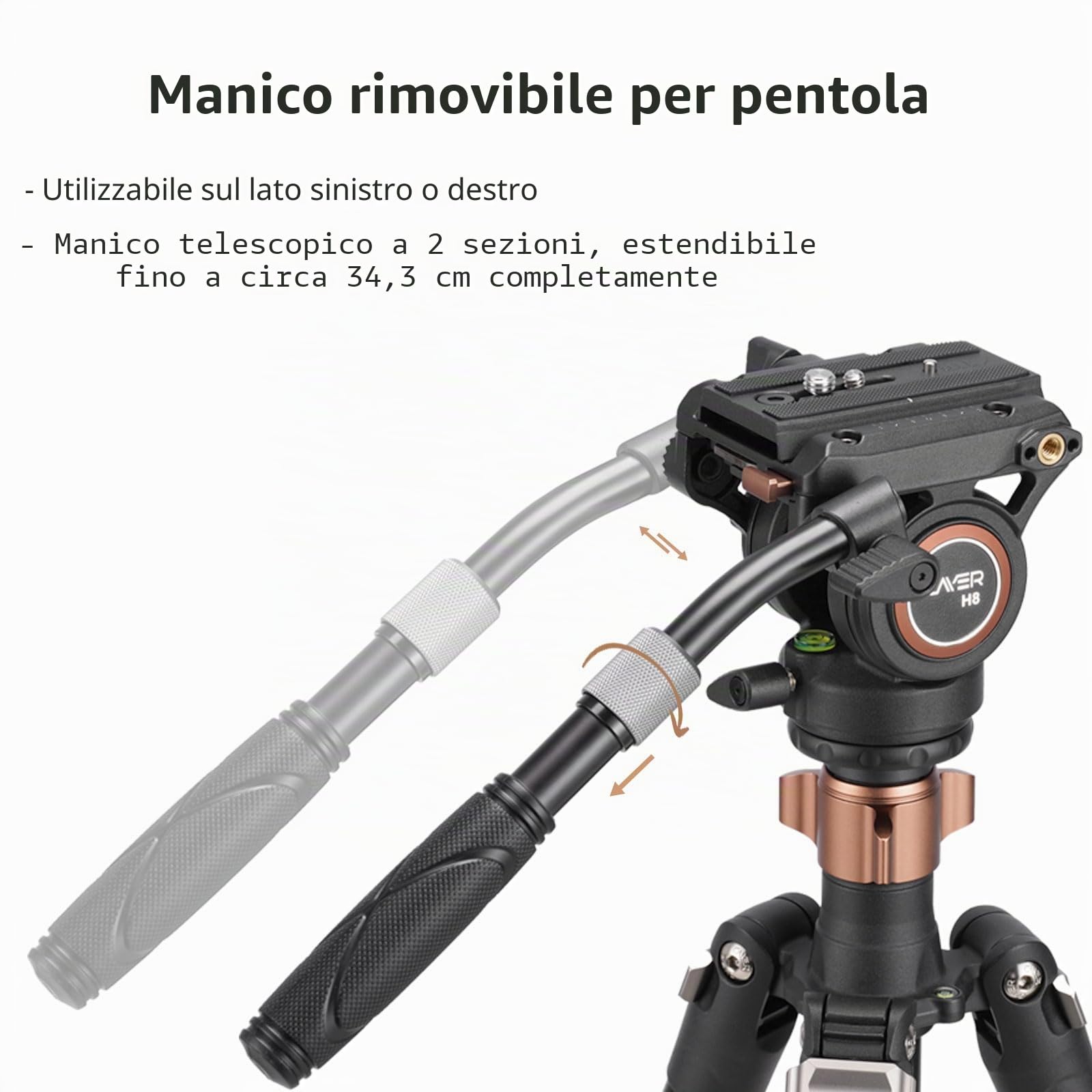 Testa fluida, treppiede Cayer H8 Videocamera Testa fluida con trascinamento per Canon Nikon Sony Olympus Panasonic DSLR Camera, con vite di montaggio da 3/8 "e 1/4", impugnatura a 2 sezioni