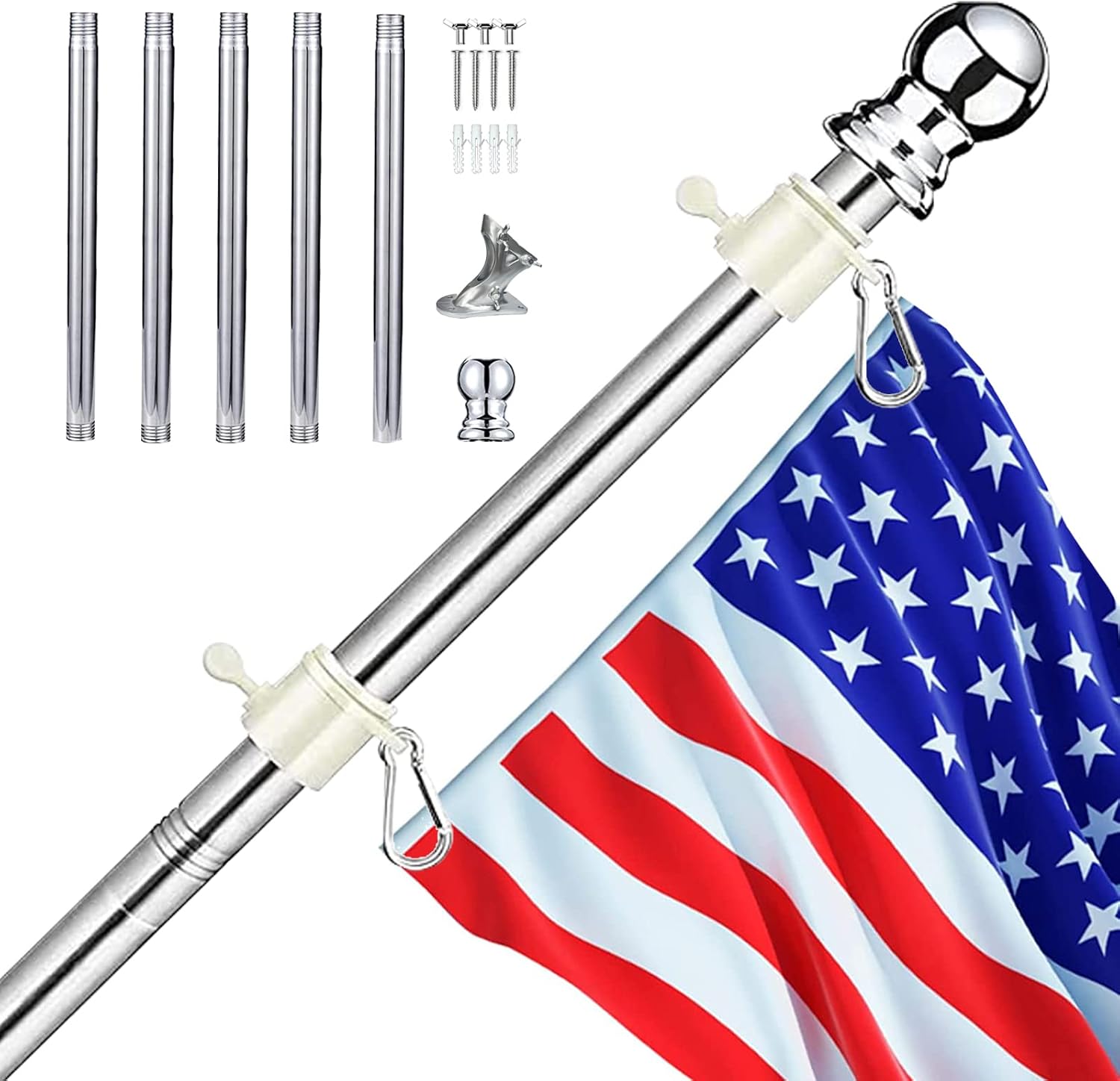 Flag Pole Kit,Sturdy Flag Poles for 3x5 Flags Outdoor 6FT Stainless Steel Flag Pole