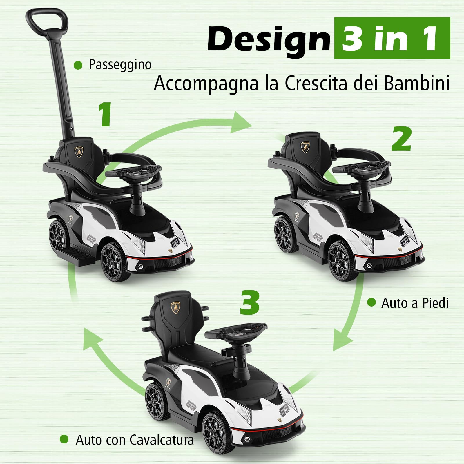 COSTWAY 3 in 1 Lamborghini Auto a Spinta per Bambini, Macchina Cavalcabile con Impugnatura e Scatola di Stoccaggio, Ideale per Bambini 12-36 Mesi (Bianco)