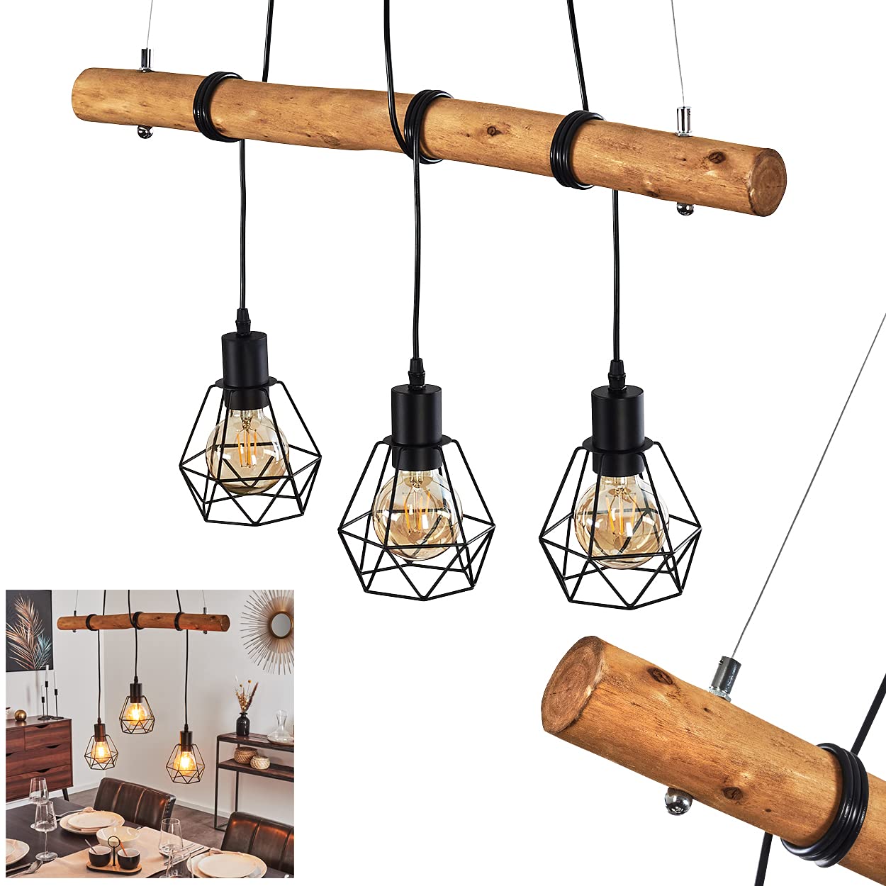 Lampada A Sospensione Seegaard 3 Luci: Design Scandinavo In Legno E Metallo Nero, E27 - 3