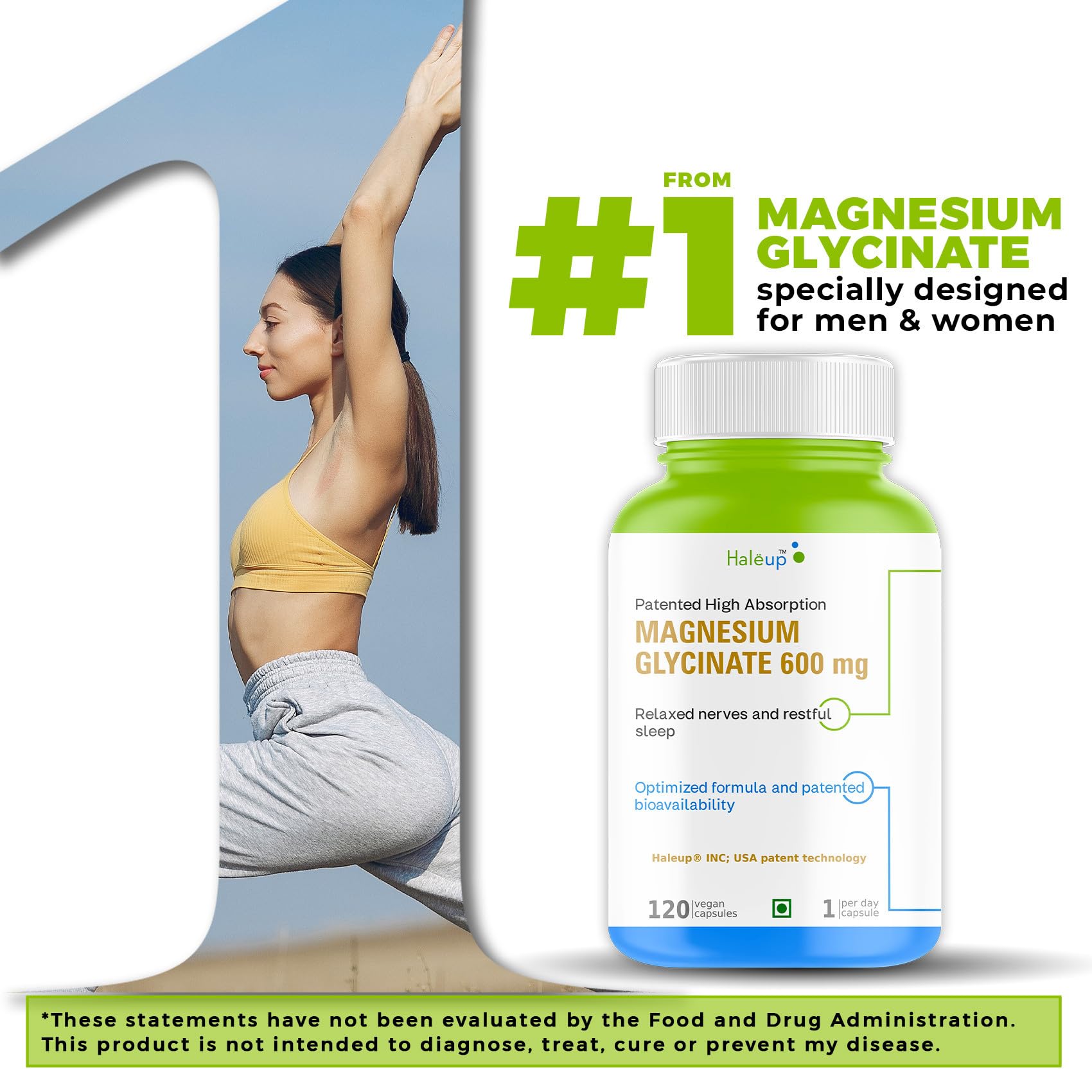Magnesium Glycinate 99% pure Supplement 600 mg, Haleup USA, 120 capsules, High Absorption for Sleep, Cramps, muscle recovery & Nerves Health 2