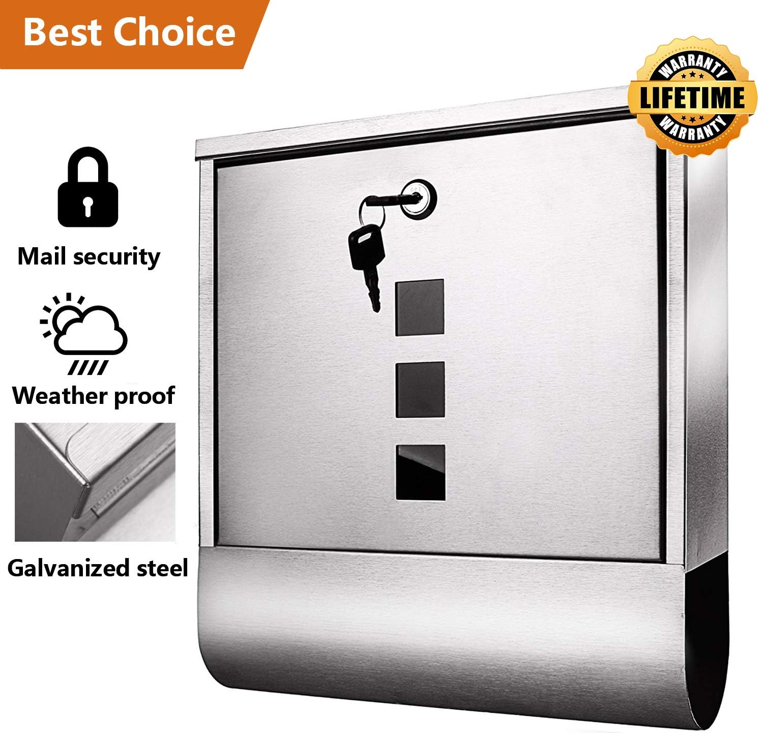 Meditool Stainless Steel Wall Mounted Mailbox Lockable Letterbox Post Box with Retrieval Door & Newspaper Roll