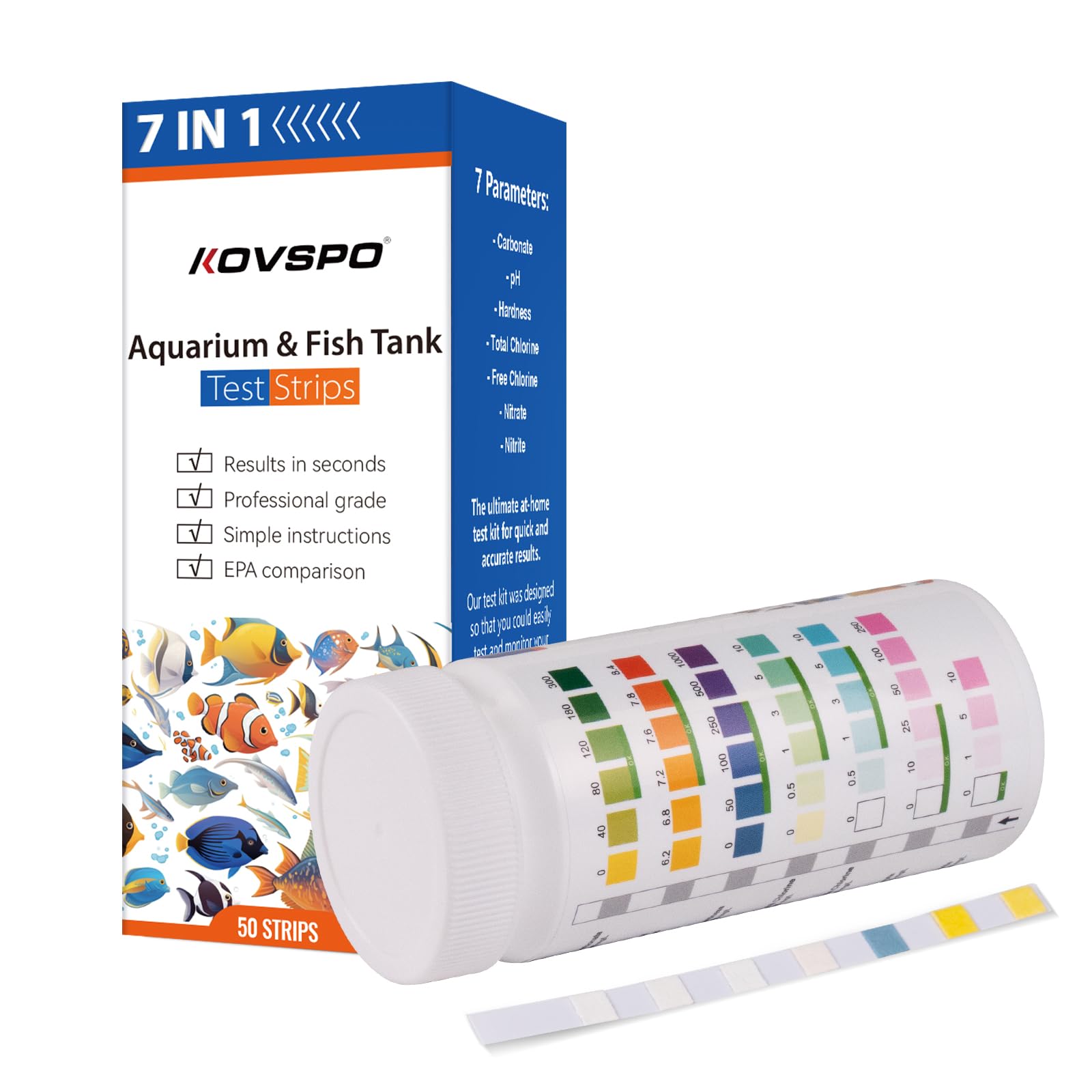 7 in 1 Aquarium Test Strips, 50 Strips Fish Tank Water Quality Test Freshwater Saltwater Test Kit for Test pH, Carbonate, Alkalinity, Hardness, Chlorine, Nitrite, Nitrate Aquarium Water Testing