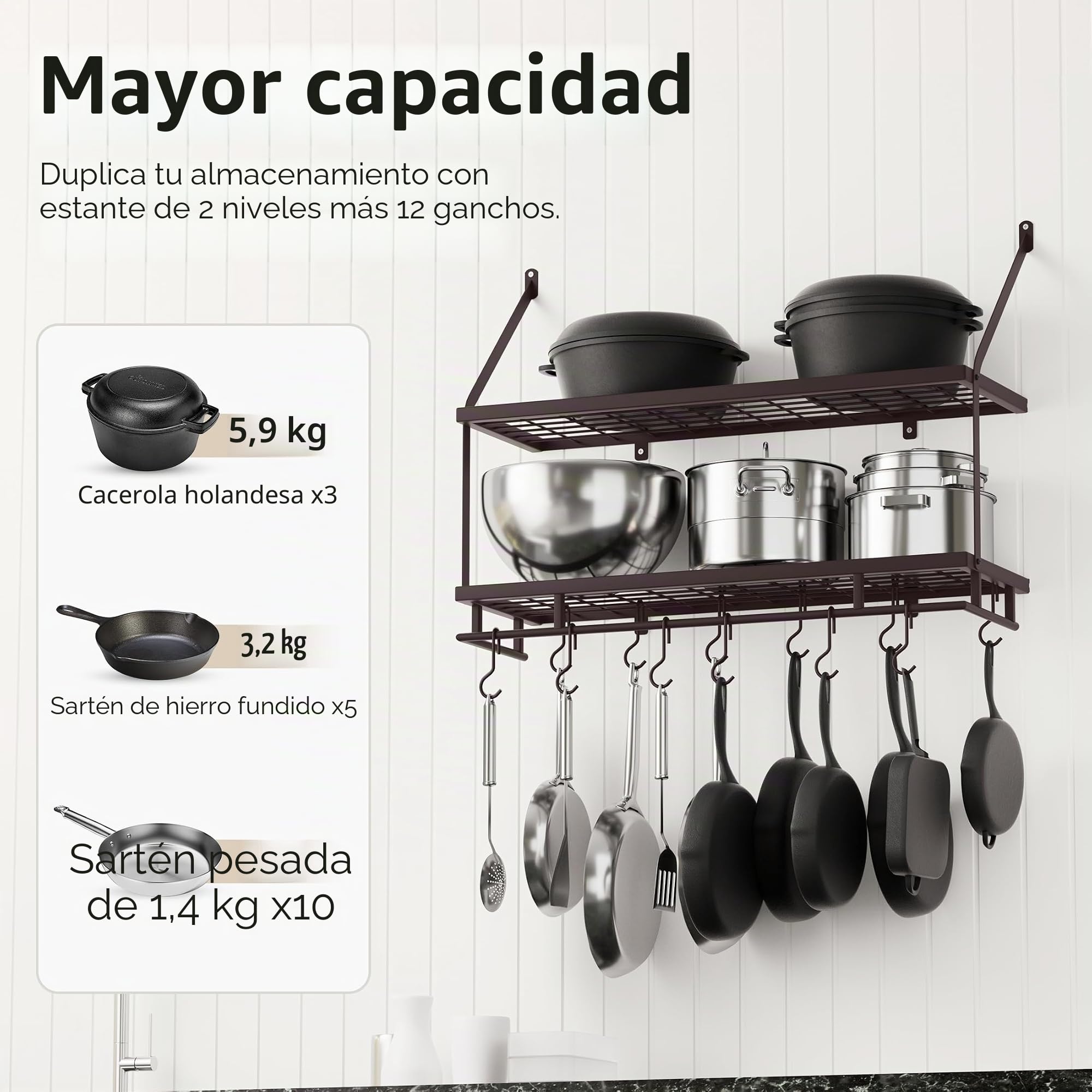 KES Estante de Pared para Ollas de 30 Pulgadas en Bronce Aceitado, Organizador de 2 Niveles para Ollas y Sartenes con 12 Ganchos Resistentes, Estante de Pared de Cocina de Estilo Granja, KUR215S75B-OB