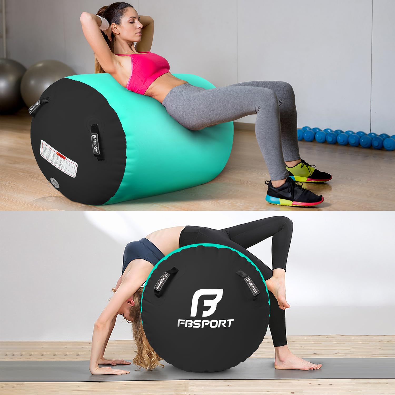 FBSPORT Aufblasbare Air Roll, 100x60cm Aufblasbare Luft Rollen, Yoga Gymnastik Zylinder, Gymnastikmatte, Gym Air Barrel, Air Tumbling Track, Sportmatte für zuhause mit Tragetasche, Outdoor, Fitness