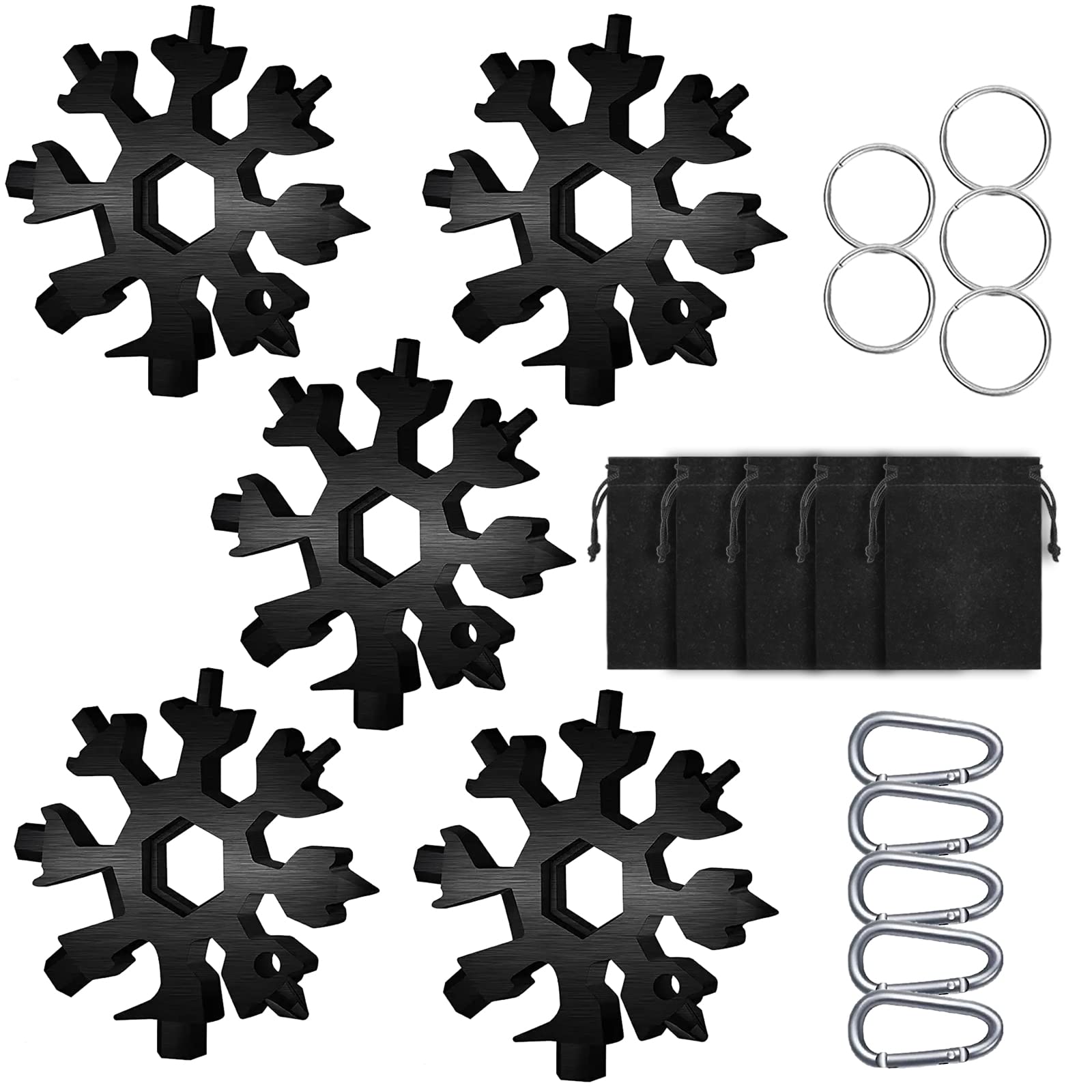Snowflake Multitool, 5 Pieces 18-in-1 Stainless Steel Snowflake Standard Multitool, Snowflake Tool with Key Ring, Carabiner Clip and Gift Bag (Black)