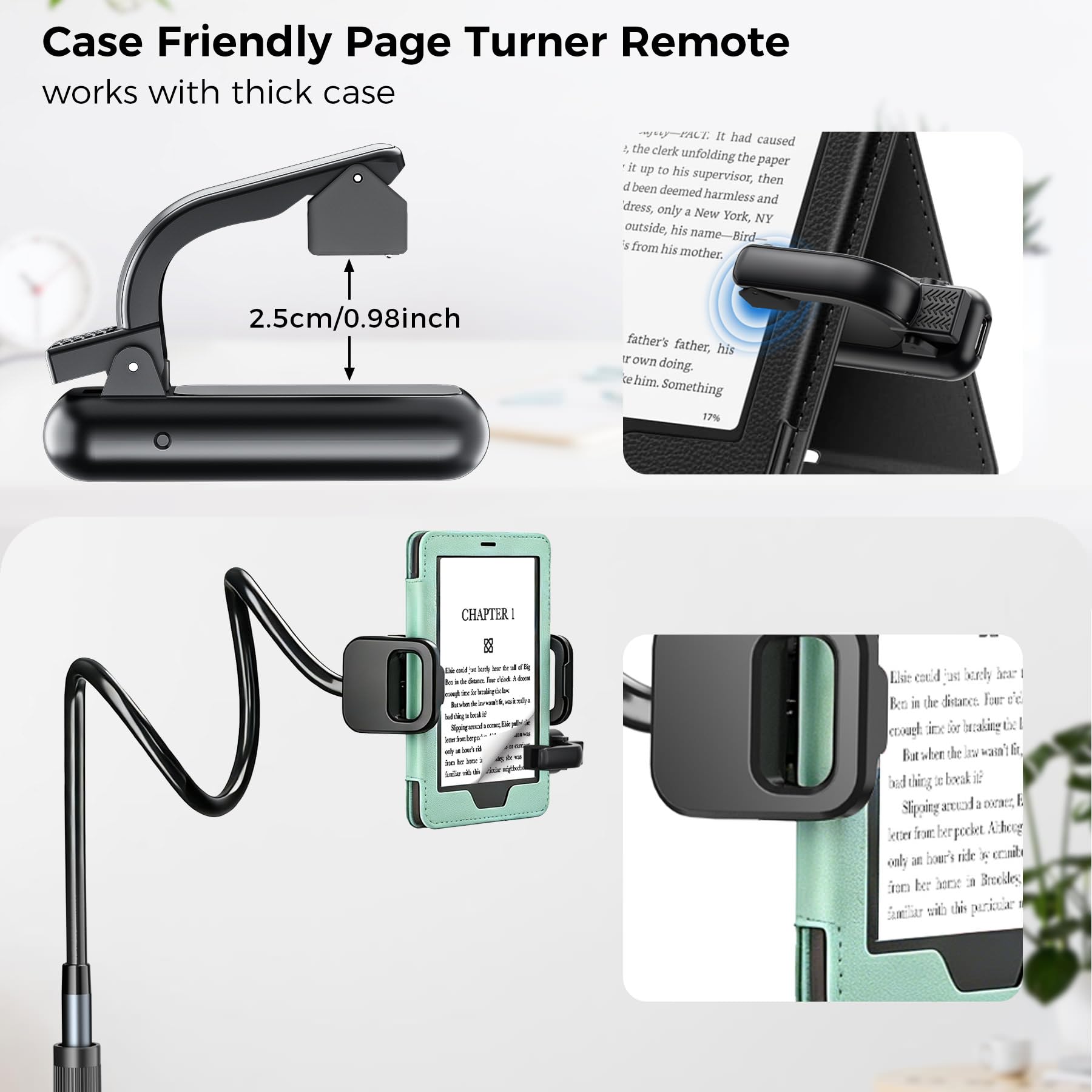 [Compatible con fundas] Soporte largo para Kindle con control remoto para girar páginas, soporte para tablet de cuello de cisne para leer en la cama con clic, accesorios para lector electrónico