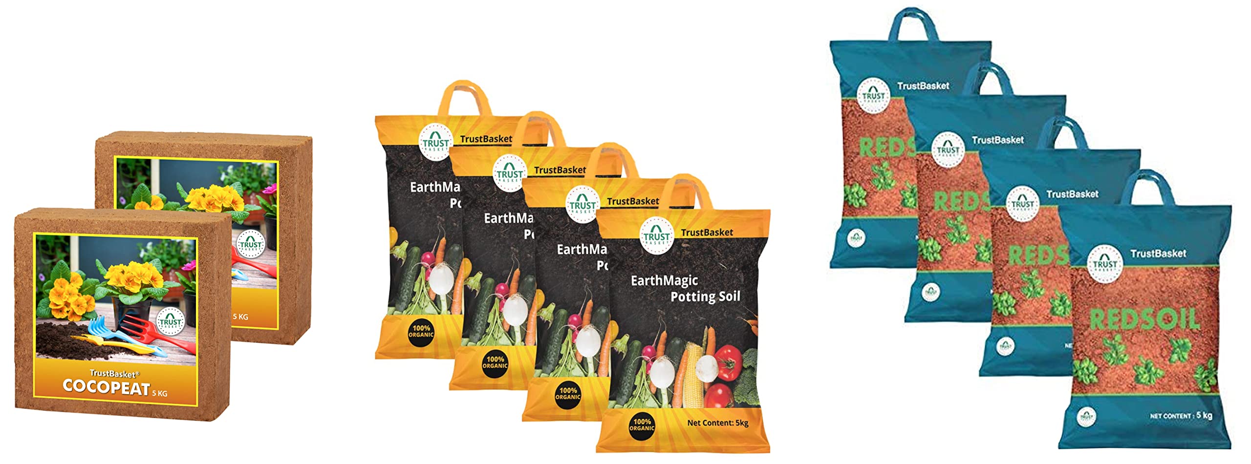 Trust Basket Coco Peat Powder (5 kg, Multicolour, Pack of 2) & Enriched Premium Organic Earth Magic Potting Soil Mix With Required Fertilizers for Plants- 20 KG, Brown & Garden Red Soil - 20 Kilograms