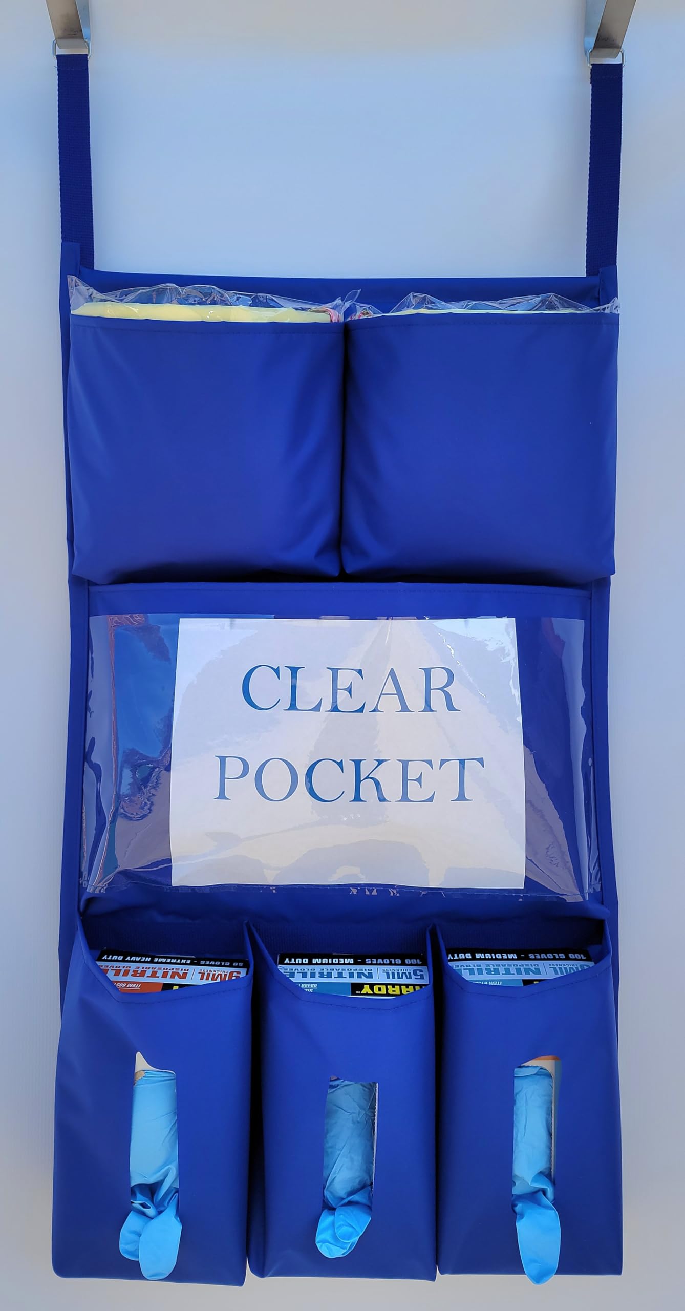 It's Sew EZ Personal Protection Equipment (PPE) Isolation Door Caddy - 6 Pockets - NFPA-701 Fire Retardant Nylon Oxford with Two Stainless Steel Hooks included (Royal Blue, 6 pockets)