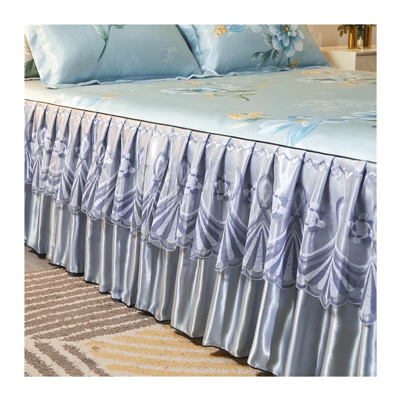 Sabanas Seda Juego de 3 uds de Falda de Cama de Seda Helada de Estilo Princesa, Funda de Almohada, Colcha de Encaje de tamaño Queen King, sábana Suave y Fresca(Tape-1,200x220cm 3pcs)