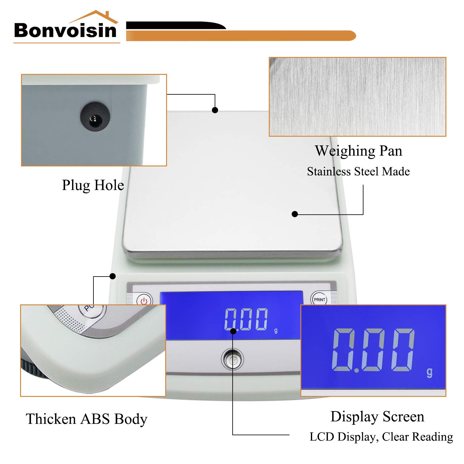 Bonvoisin Bilancia da Laboratorio Digitale Bilancia Analitica di Precisione da 300-5000 g con Interfaccia RS232 Bilancia Elettronica da Laboratorio Bilancia per Gioielli in Oro (1000g)