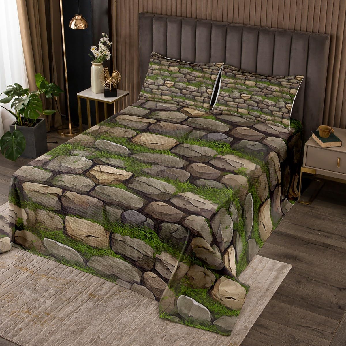 jejeloiu Kids Stone Print Bedspread Queen Size Nature Themed Coverlet Set for Boys Girls Green Quilted Coverlet Microfiber with 2 Pillow Cases