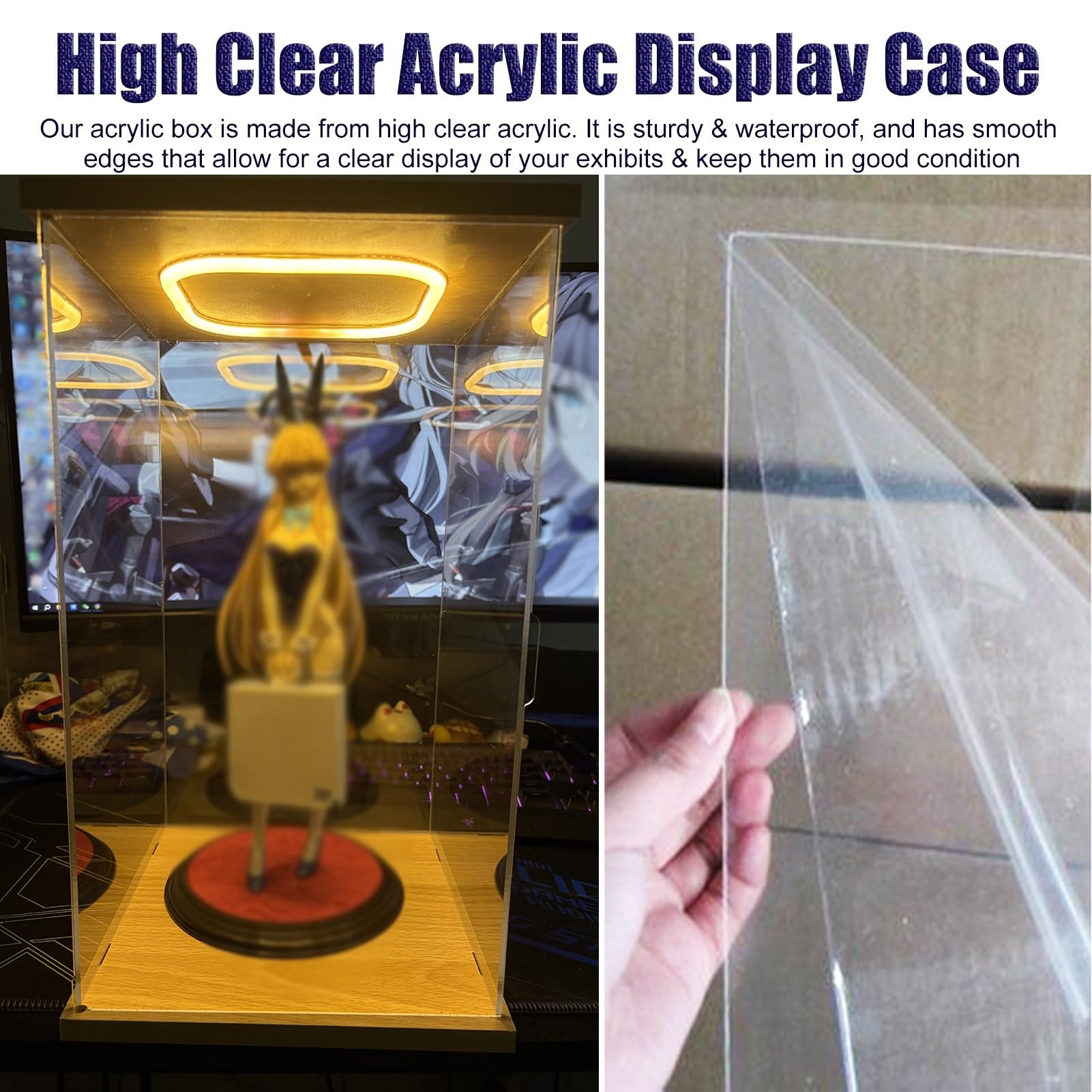 Teca Plexiglass Vetrina Espositiva in Acrilico Trasparente Extra Alta, Scatole Decorative da Scrivania a Vista con Luce LED e Base, Contenitori per Oggetti(10x10xH35cm/4x4x14")
