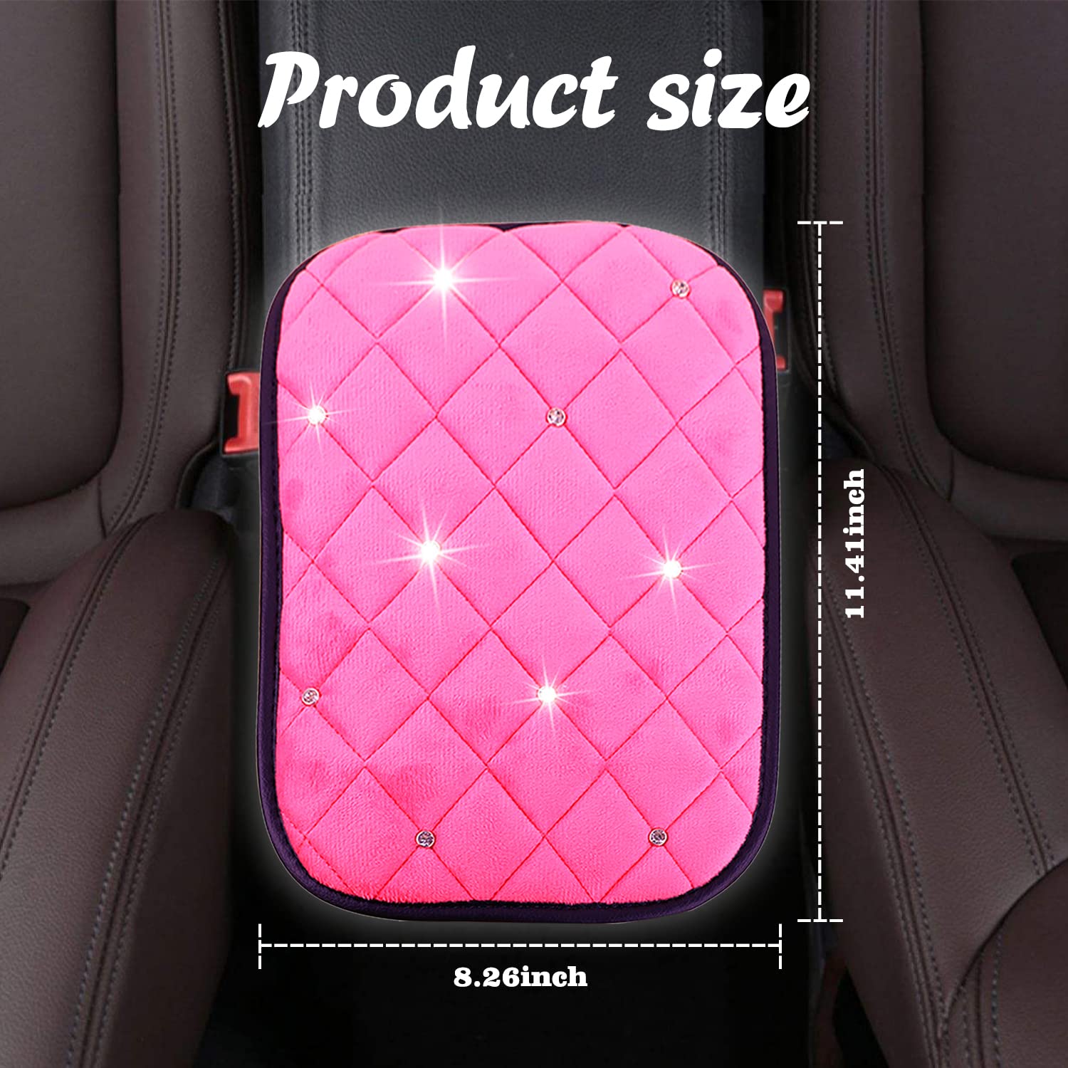 Yonput 1 PC B-ling Car Center Console Cover Cushion, 11.4In x 8.3In Comfortable Plush Armrest Cushion, Car Soft Glossy Rhinestone Anti-Slip Mat, Universal for Most Car Men & Women Interiors (Pink)