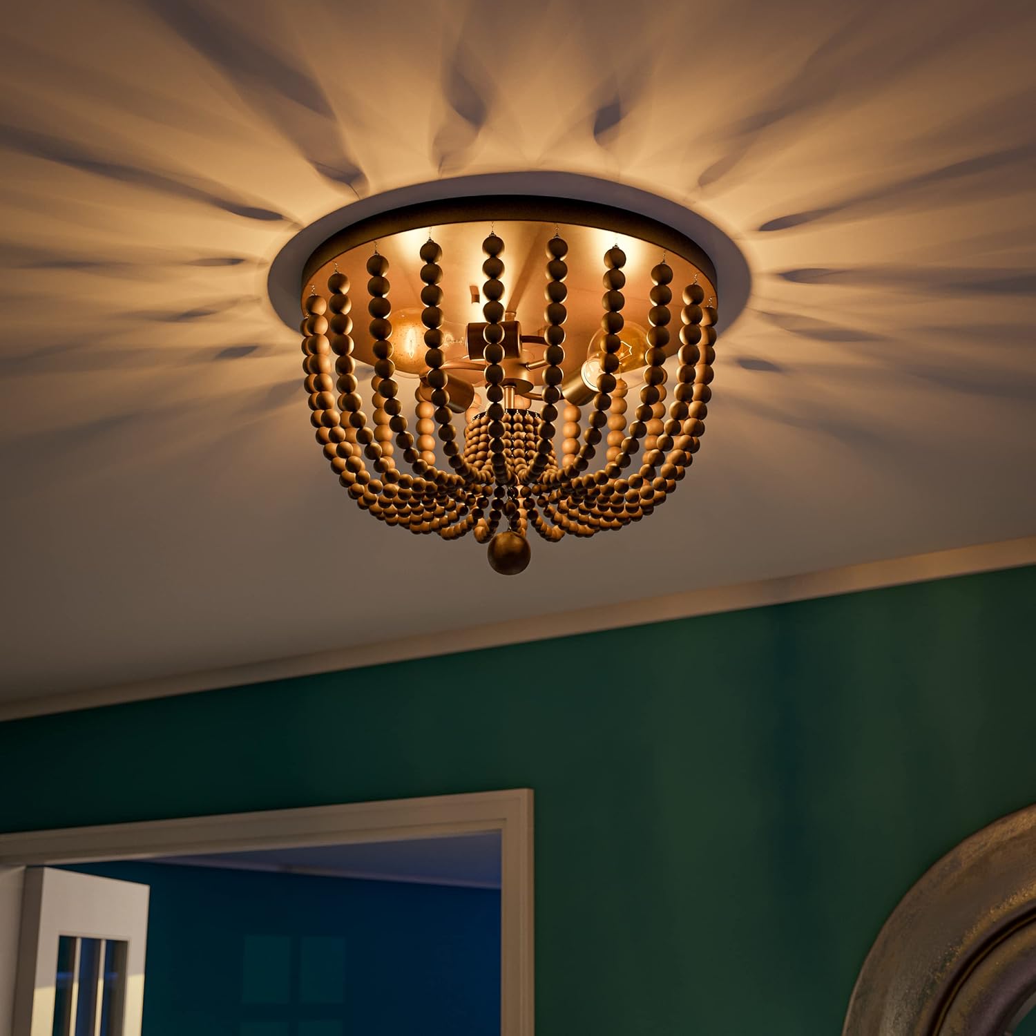 Golden Bronze Farmhouse Boho Beaded Flush Mount Light
