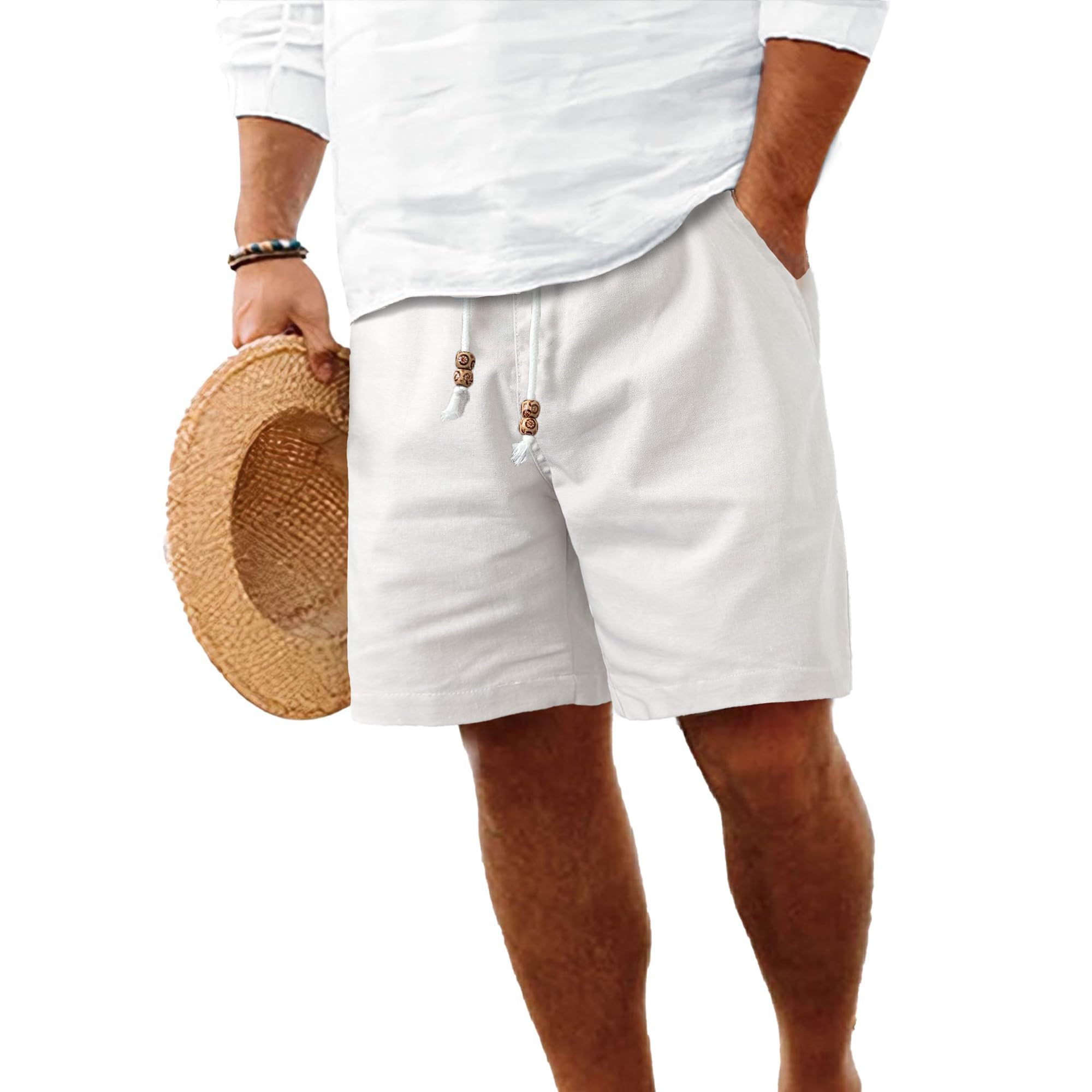 HOTake Men's Linen Shorts Casual Drawstring Elastic Waist Summer Beach Vacation Shorts