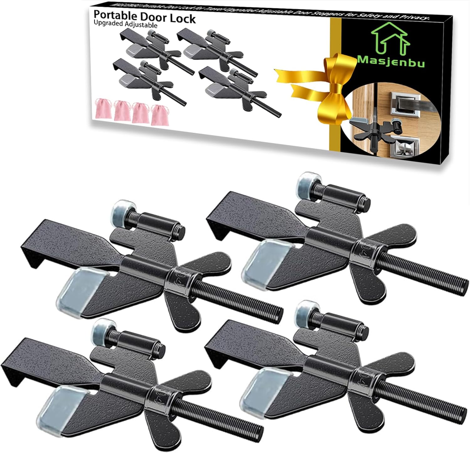 4 Pack Adjustable Portable Door Lock, Hotel Door Locks for Travelers, Prevent Unauthorized Entry, Door Stoppers Security for Travel Bedrooms Apartment Airbnb Dorm, with Silicone Caps