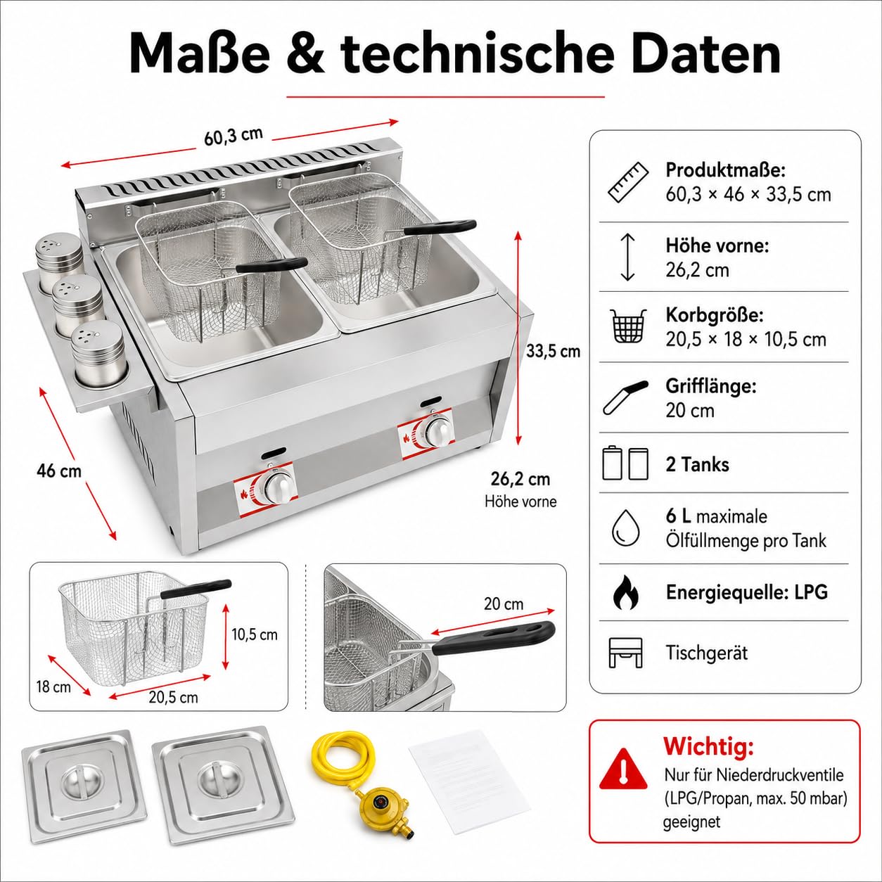 Gas Fritteuse, Doppeltank 2x6L, 50-380°C, Edelstahl, Gastronomie | 430 Edelstahl,genietet,LPG,Deckel,Körbe,Abtropfhaken,Gewürzbecher,Antirutschfüße,Wärmeabzug,Flammfenster,energiesparend