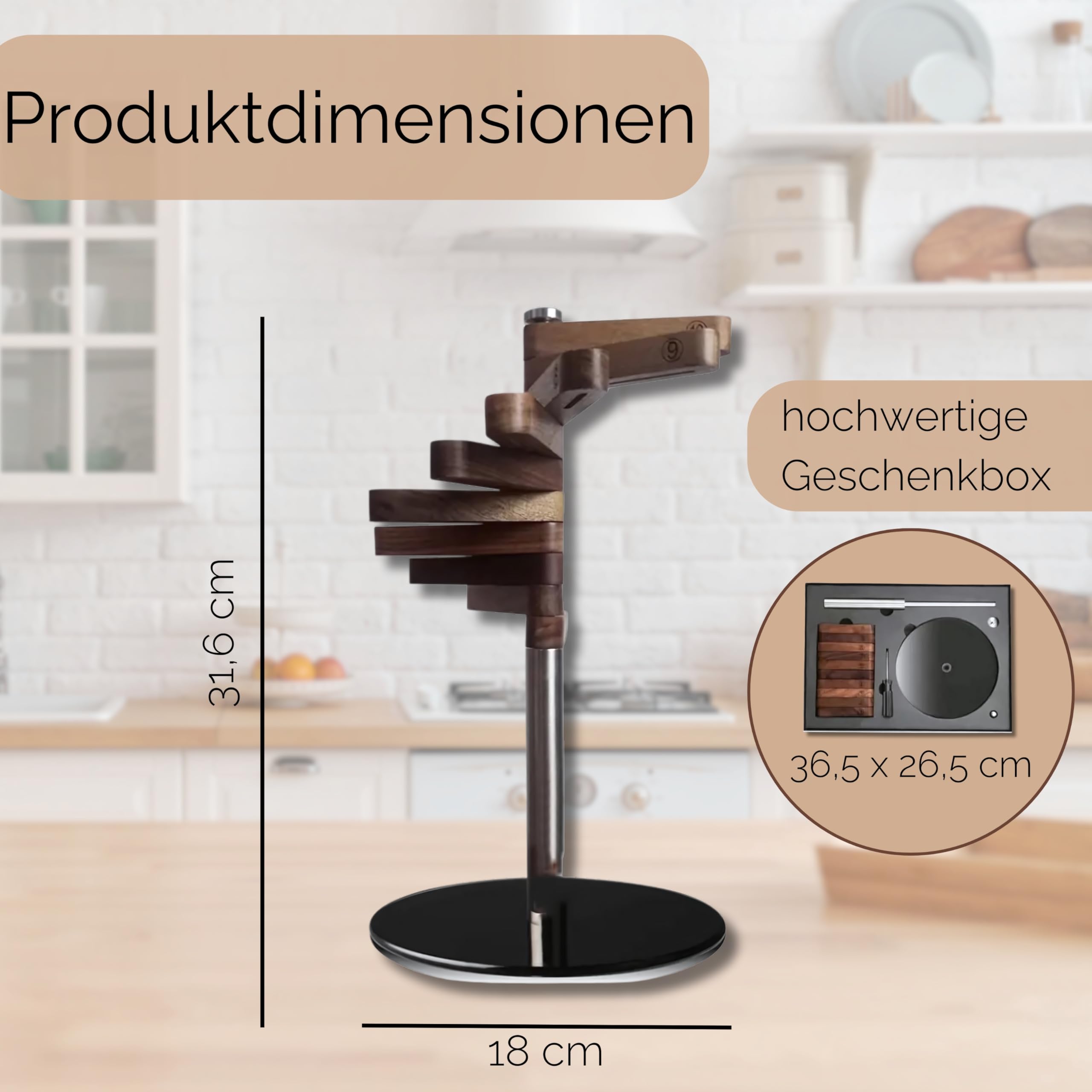hochwertiger Messerhalter aus Walnussholz, Edelstahl und Glas, unbestückt, hygienisch und platzsparend, drehbar, Küchenmesserhalter, Messerblock ohne Messer, in Geschenkbox