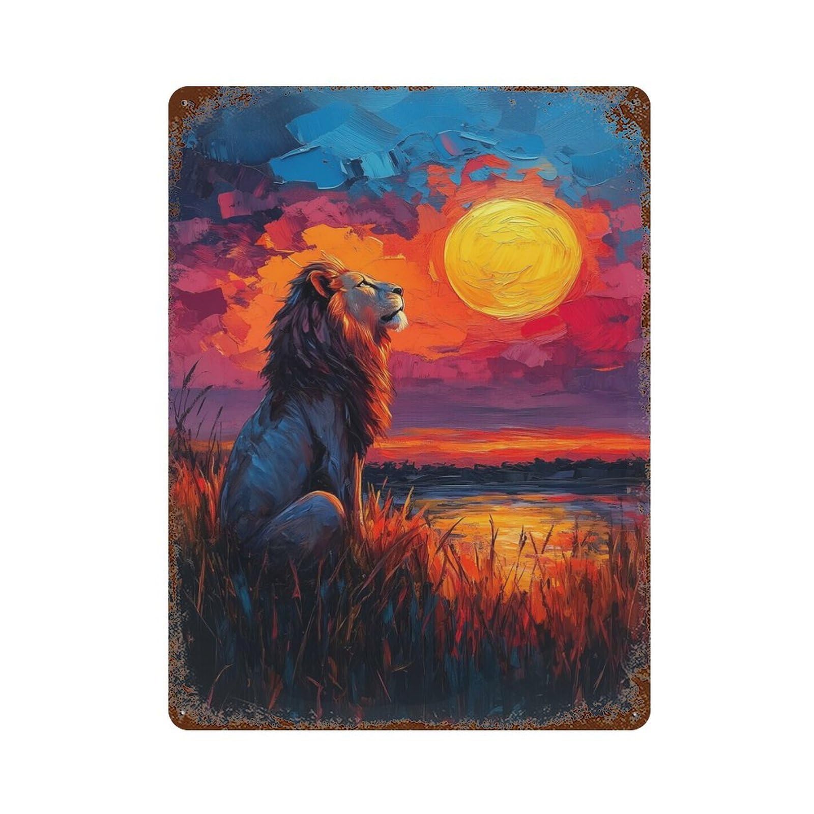 Garage Style Lion Under The Sun Painting Vintage Rust Metal Sign 15.7"x11.8", Rustic Home Decor for Bar And Workshop