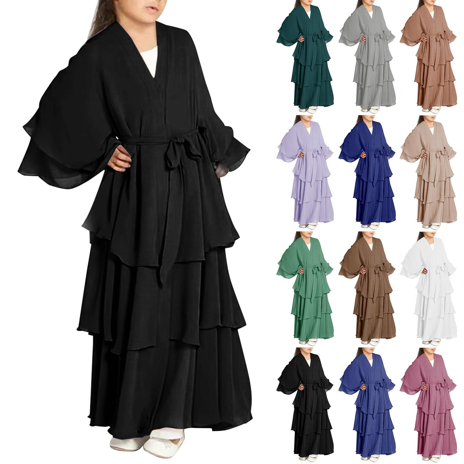 Vestido musulmán para niñas, cárdigan de gasa, elegante, casual, manga larga, Abaya, islámico, Ramadán, oración, fiesta, ropa cómoda y suave caftán