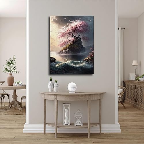 Miniatura 2 de Póster de pintura de flor de cerezo en lienzo, cuadro de arte de pared, dormitorio, sala de estar (marco, 20 x 27 pulgadas)