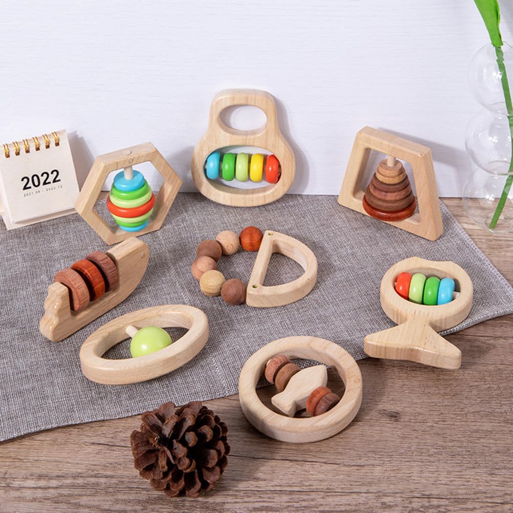 Holz-Babyrassel-Set, Montessori-Sinnes-Zahnungsspielzeug, Handgriff-Rasseln für Säuglinge