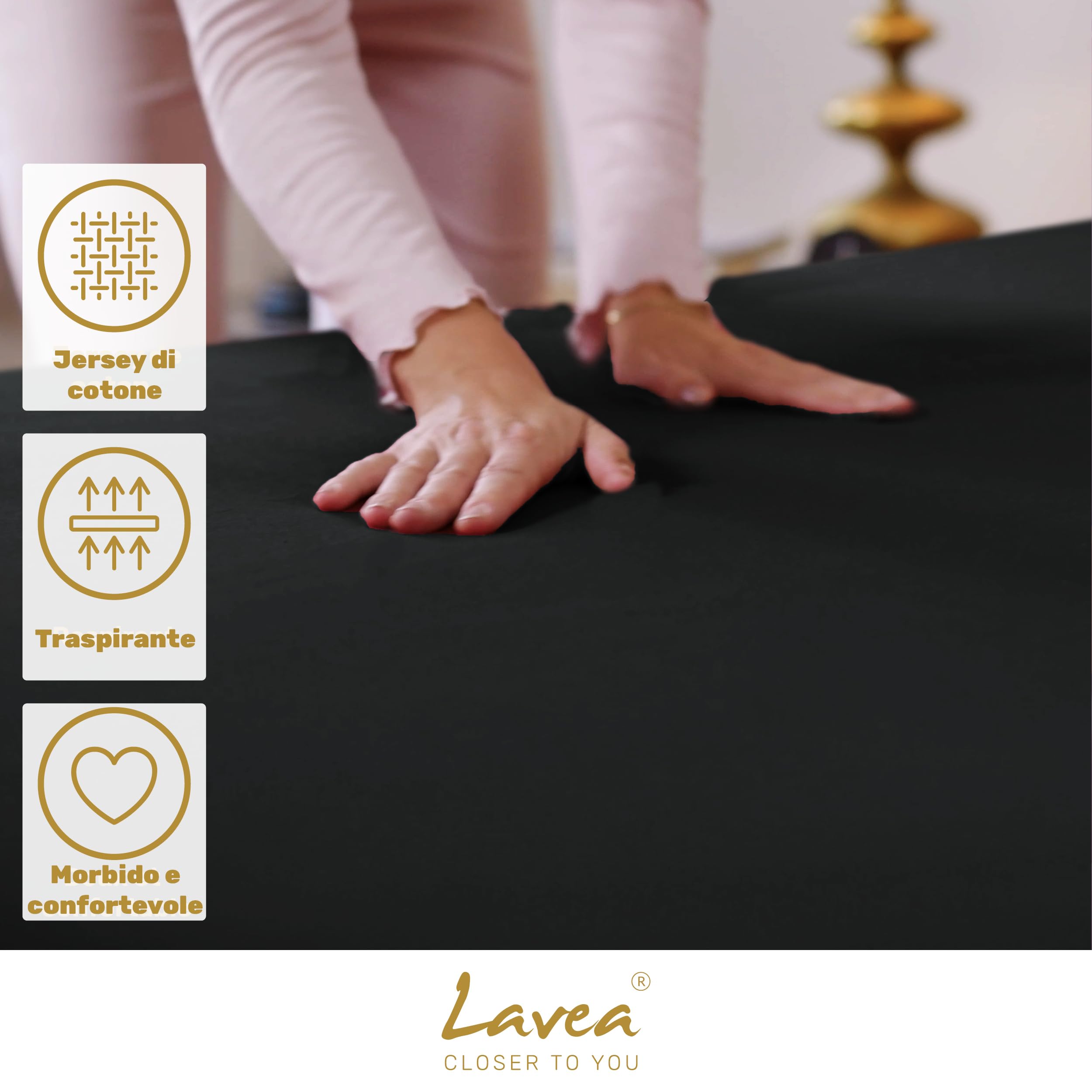 Lavea® Lenzuolo con Angoli Matrimoniale 180x200 cm – Jersey 100% Cotone – Per Materassi Topper fino a 10 cm – Con Elastico Tutto Intorno – Certificato OEKO-TEX – Nero