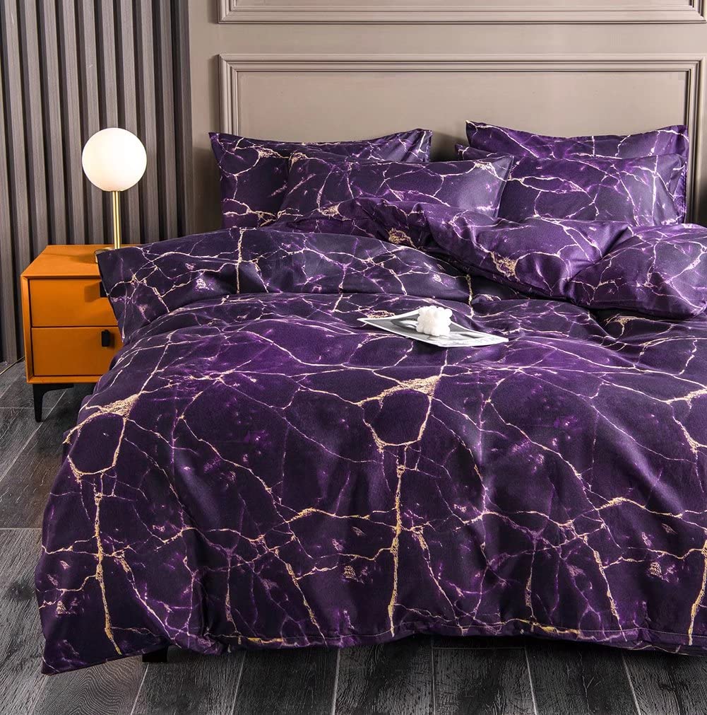 Set Copripiumino Ultra Morbido in Microfibra, 3 Pezzi, Con 2 Federa, 260x230cm,Chiusura a Cerniera, Motivo Marmo Viola, per Letto Matrimoniale Set Di Biancheria Da Letto