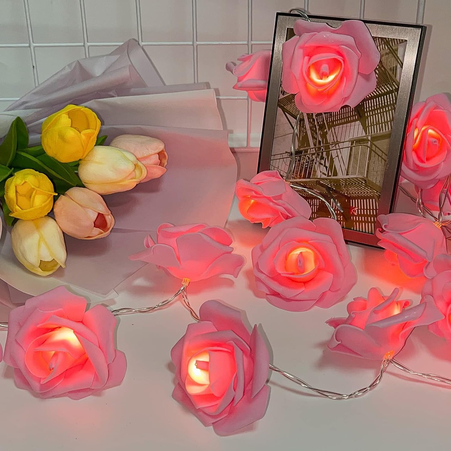 URM® Rose Flower LED String Fairy Light 14 LED 3 Meter Night Light for Home Decor, Plastic Rose String Lights for Bedroom Decor, LED Light for Indoor, Outdoor Decoration (Pink, Plug-in)