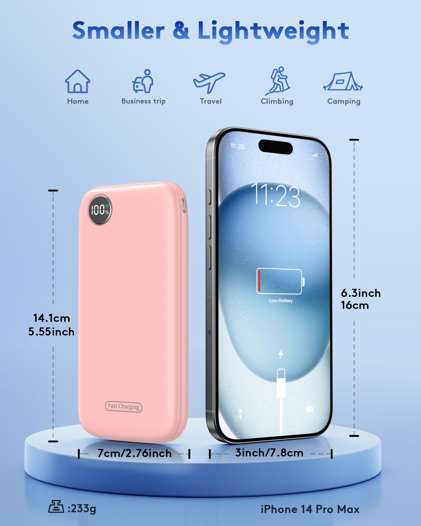 Power Bank, 22.5W 10000mAh Ricarica Rapida Caricatore Portatile iphone, QC 3.0 USB C Powerbank Potente, Batteria Esterna Display LED per iPhone 16 15 14 13 12 Pro Max Mini Plus Android (Rosa)