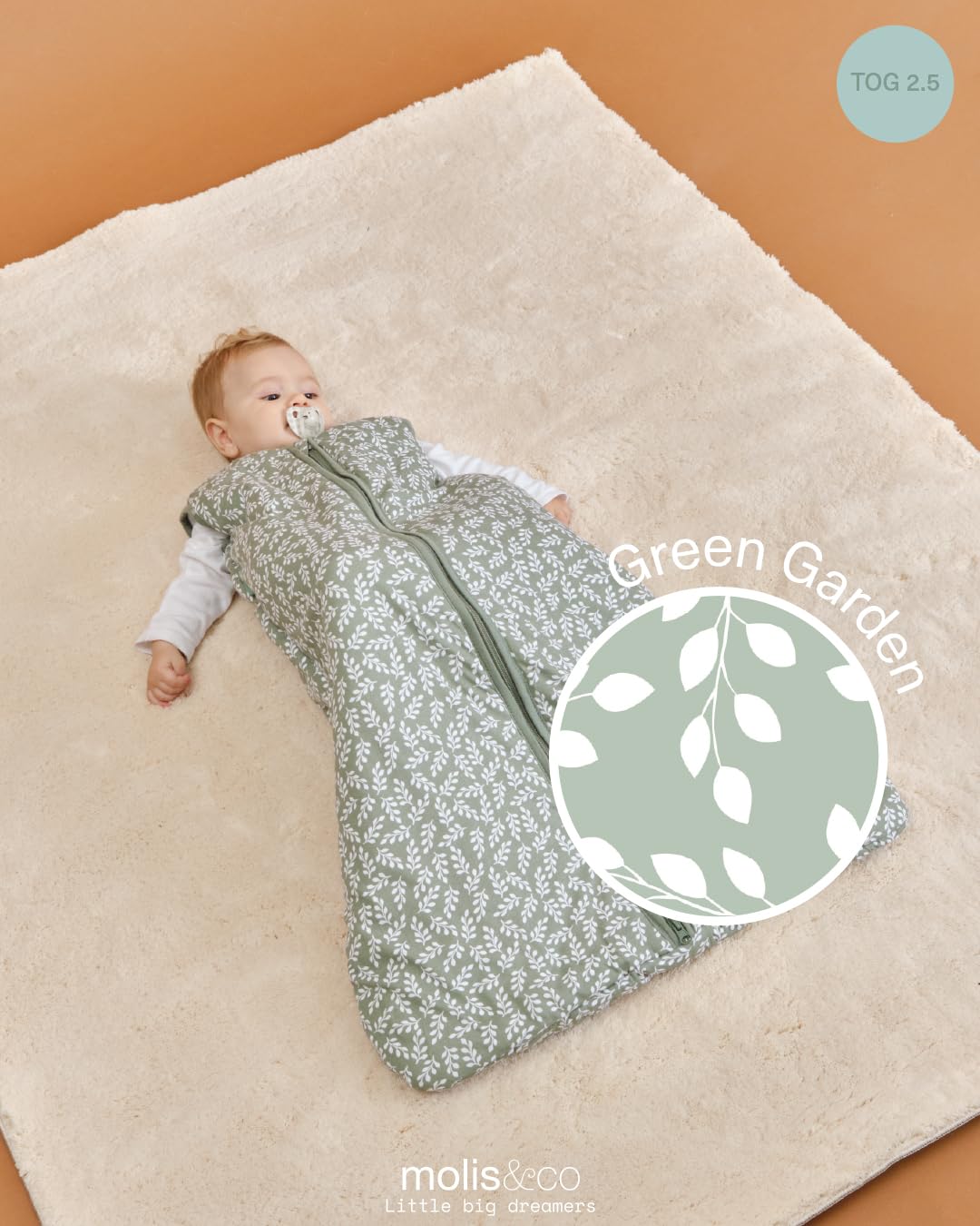 molis&co - Saco de Dormir para bebé 2.5 TOG - 85 cm (6-18 Meses) - Ideal para Invierno - 100% algodón (Oeko-Tex 100) - Acolchado, Suave y Cálido - Green Garden