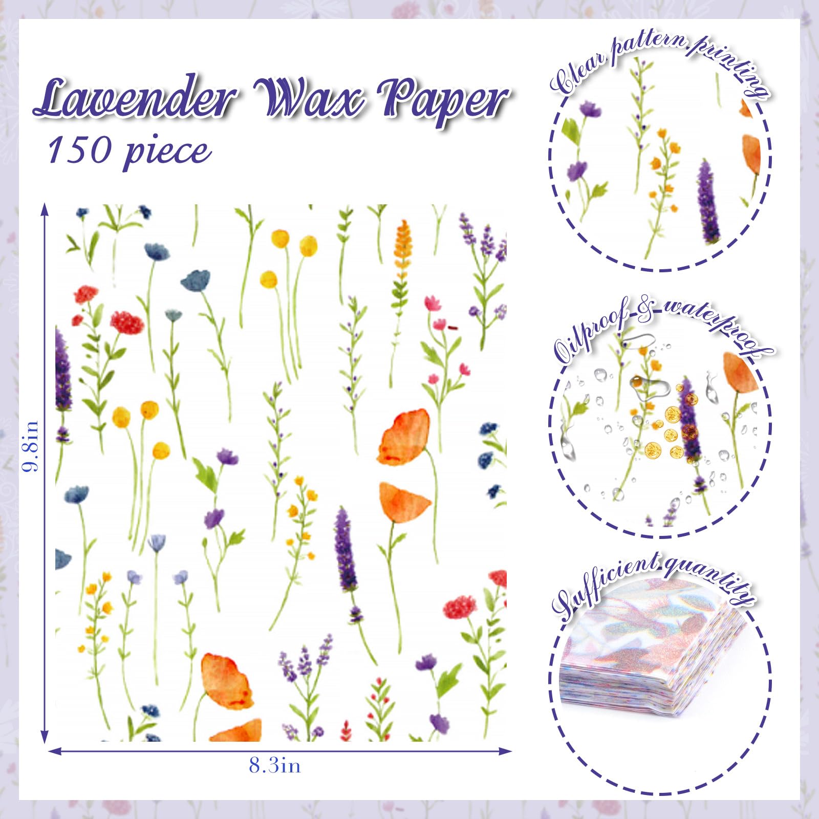150Pcs Lavender Deli Paper, 9.8 x 8.3inch Spring Flower Proof Food Deli Paper Sandwich Wrap Paper Grease Resistant Paper Liners Greaseproof Food Wax Paper for Home Kitchen