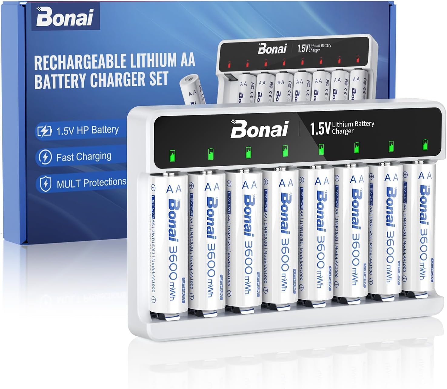 BONAI Zestaw 8 akumulatorów AA do ponownego ładowania z ładowarką, akumulator litowy 1,5 V 3600 mWh o dużej pojemności, szybka ładowarka litowa AA/AAA do kamery outdoorowej, Smart Lock, Gamepad