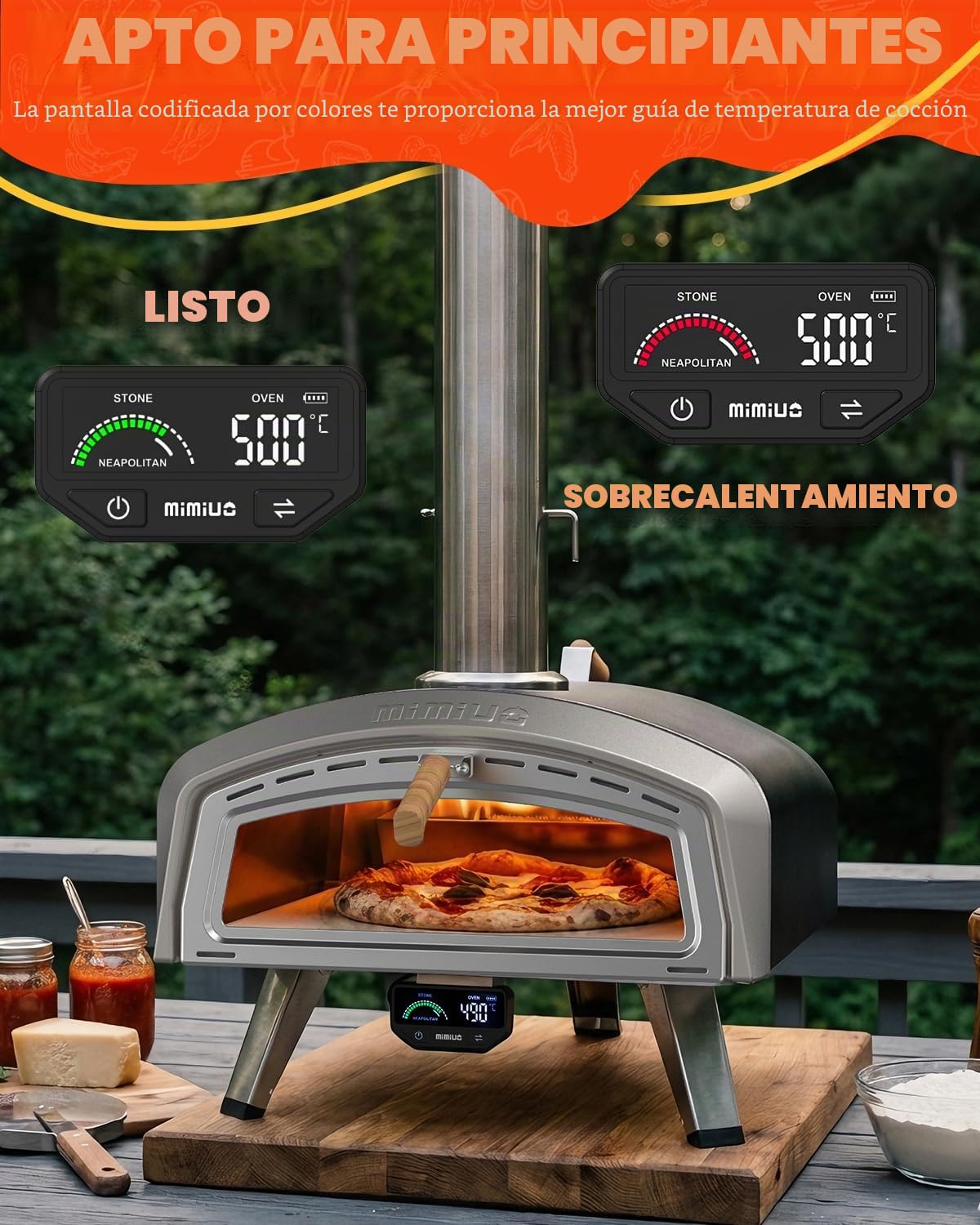 Mimiuo Horno Pizza Exterior Leña y Carbón – Horno Portátil de Acero Inoxidable con Ventana de Visualización y Termómetro LCD, 90s Horneado Rápido, Gran Capacidad para Pizza Napolitana Auténtica