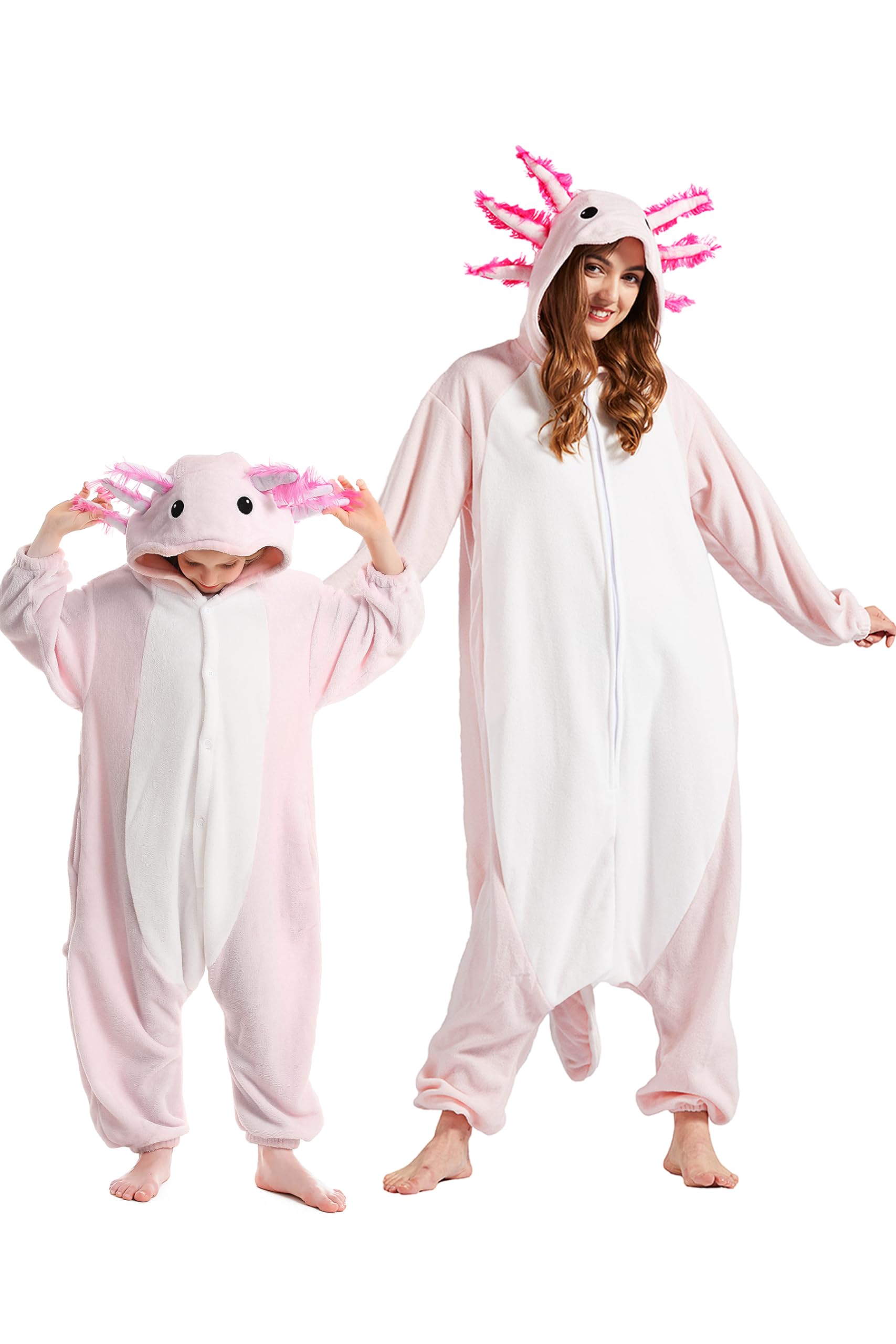DarkCom Axolotl Onesie for Kids,Flannel AnimalCosplay Halloween Costume Parent-Child Sleepwear for Girls Boys 10-11 Years Pink