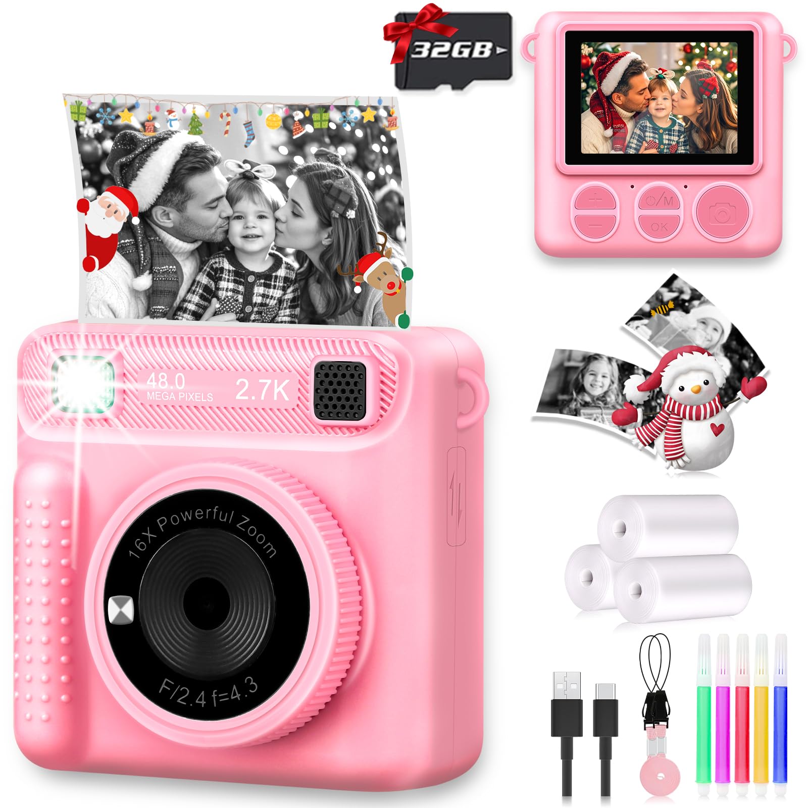 Camera for Kids Instant Print,Portable Camera with 32G Card & 1080p Video,Print Paper,Instant Print Camera with Color Pens for DIY,Over 3 Years Old for Boys Girls for Teen Girls