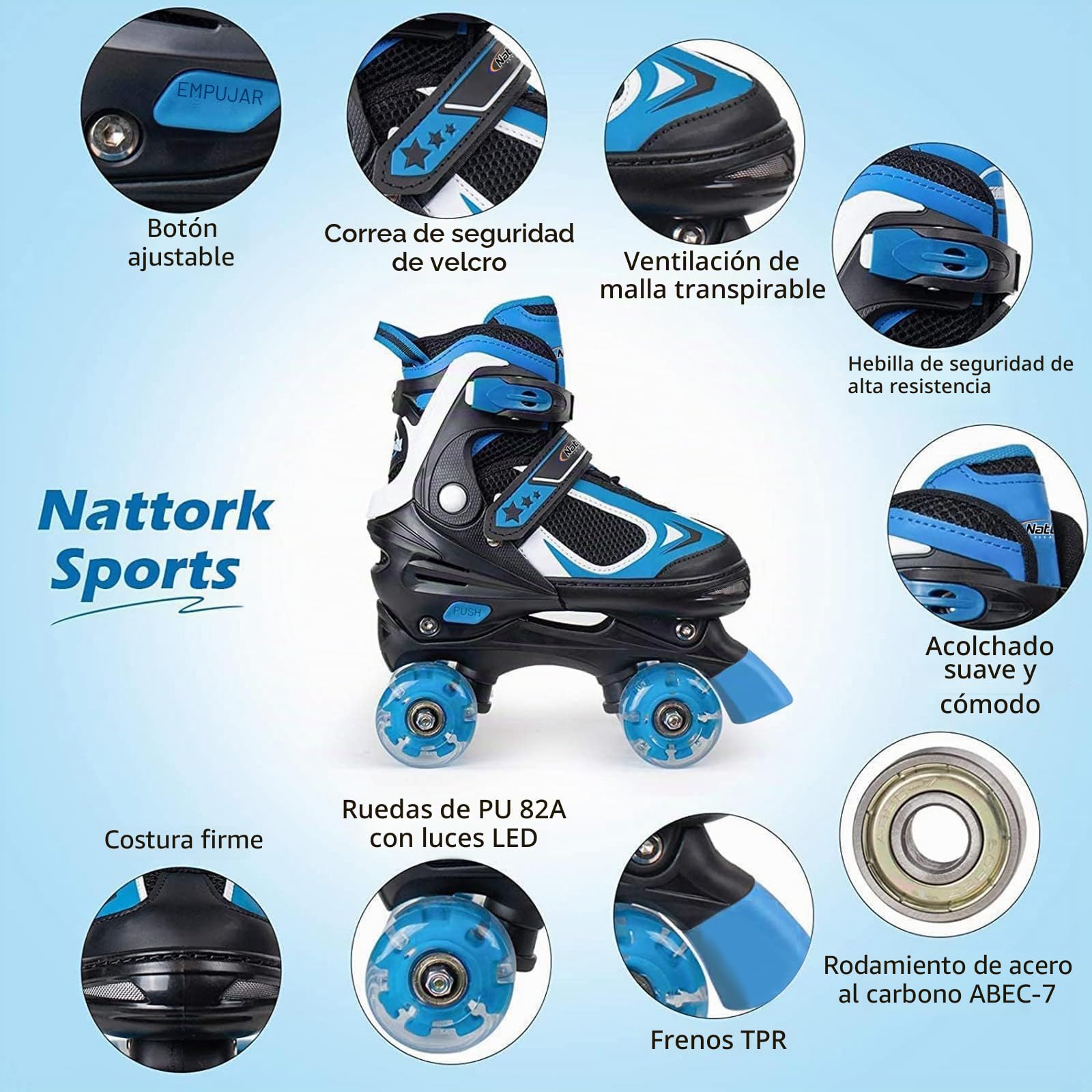 Nattork Patines para niños y niñas, 4 tamaños de Patines Ajustables con Todas Las Ruedas iluminadas, protección Completa para niños en Interiores y Exteriores