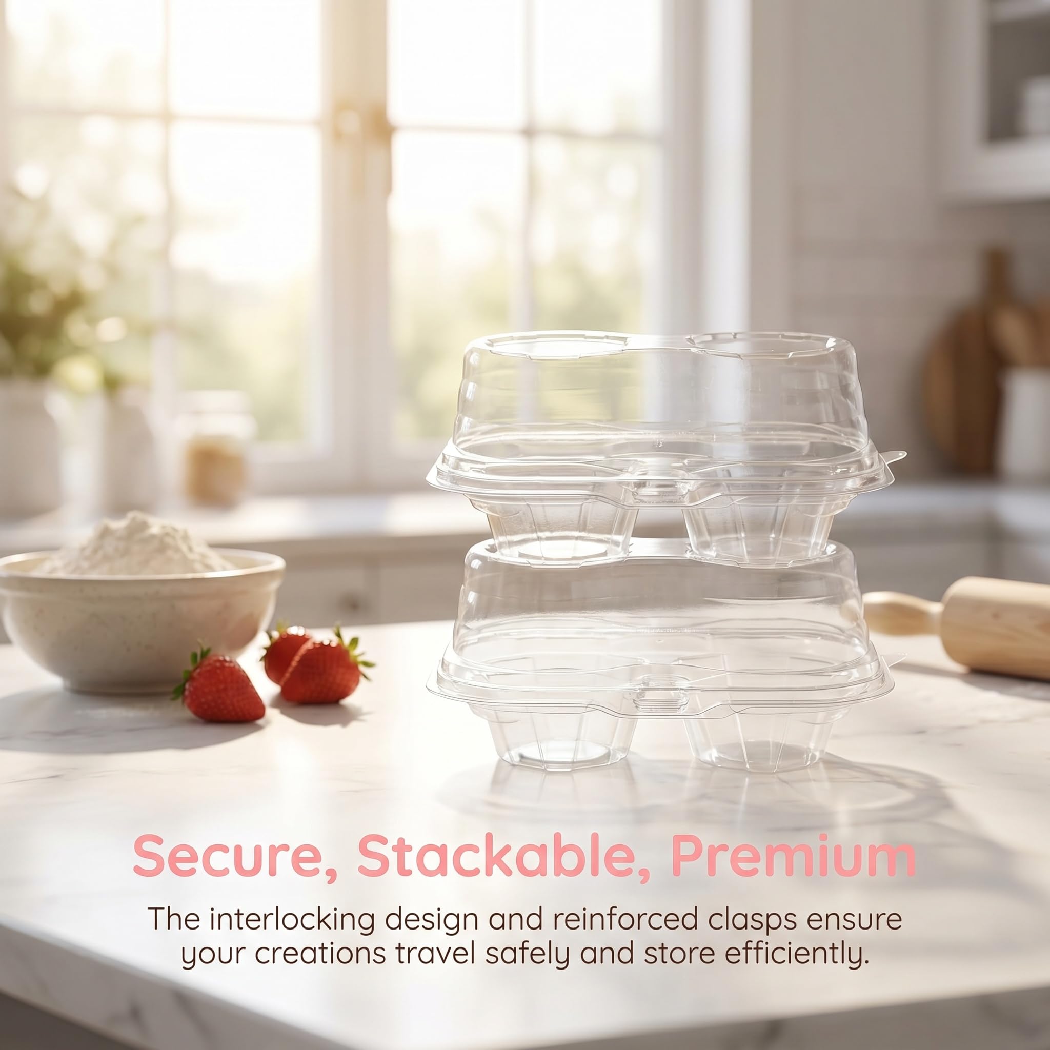 Bekith Lot de 60 boîtes à cupcakes jetables en plastique à 2 compartiments avec couvercle hermétique, transparentes empilables et profondes, sans BPA