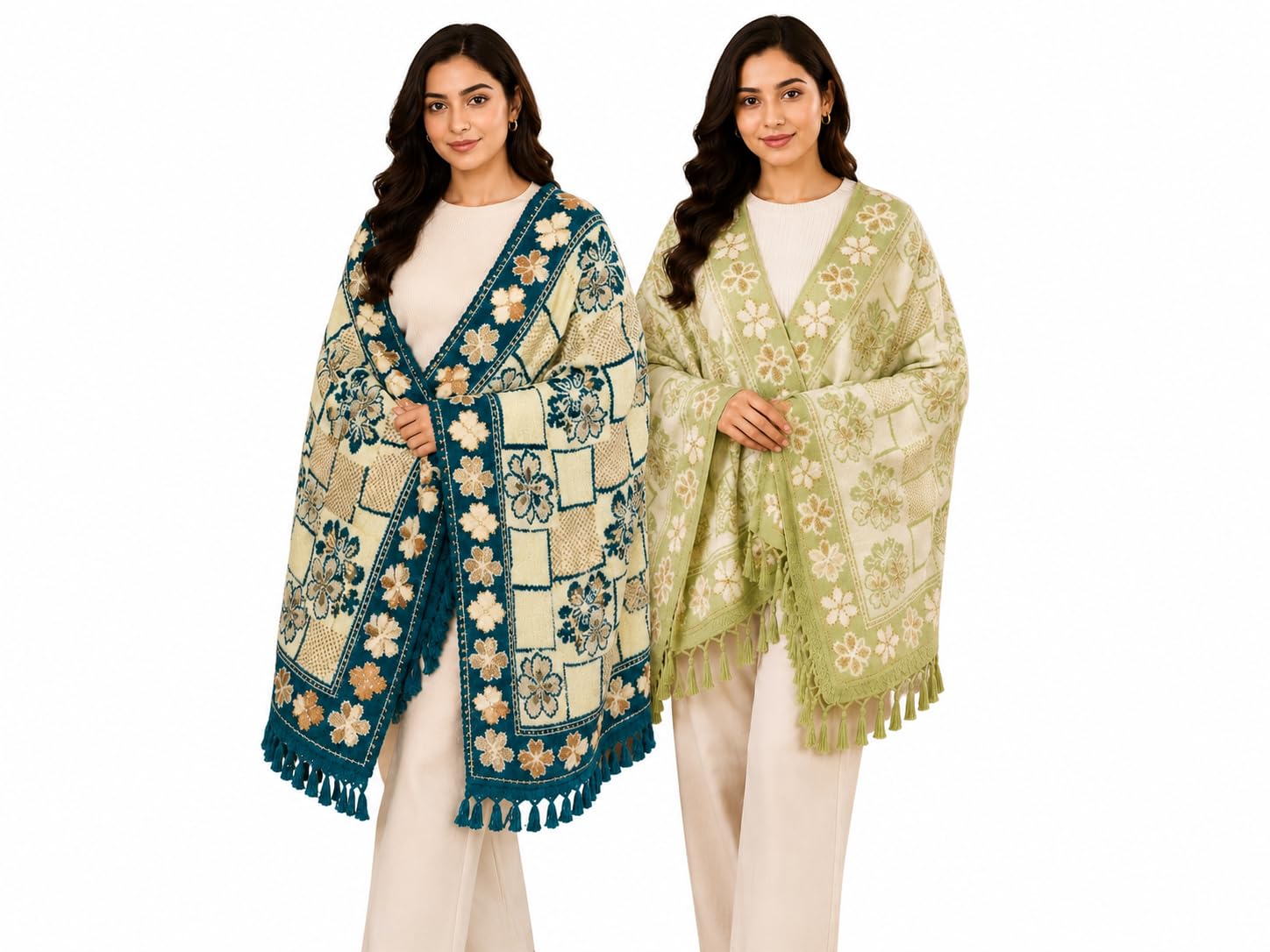 Women's Winter Wool Blend Shawl Combo Pack of 2 | Soft Warm Embroidered Floral Kashmiri Style Shawl with Tassels | Free Size 33 x 82 Inches | Designer Winter Wrap for Women & Girls | Green & Teal-picture-23