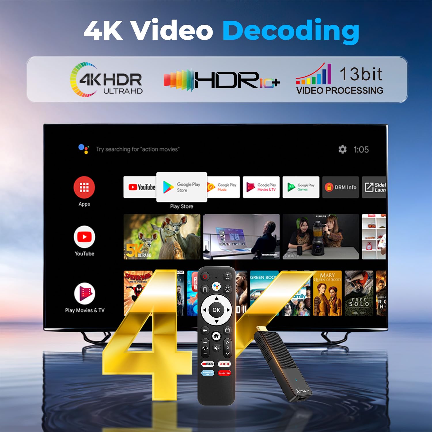 GREVA Android TV Stick 4K Ultra HD-Streaming-Gerät, 2025 Neuestes Android 14.0 TV-Stick Box 2 GB 16 GB HDR/AV1/2,4G/5G WiFi/BT 5.0, Smart Streaming Media Player mit Assistant Sprachfernbedienung