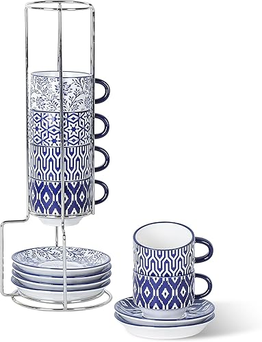 Selamica Tazas de café expreso de cerámica con platillos, tazas apilables de capuchino de porcelana de 2.5 onzas con soporte de metal, tazas