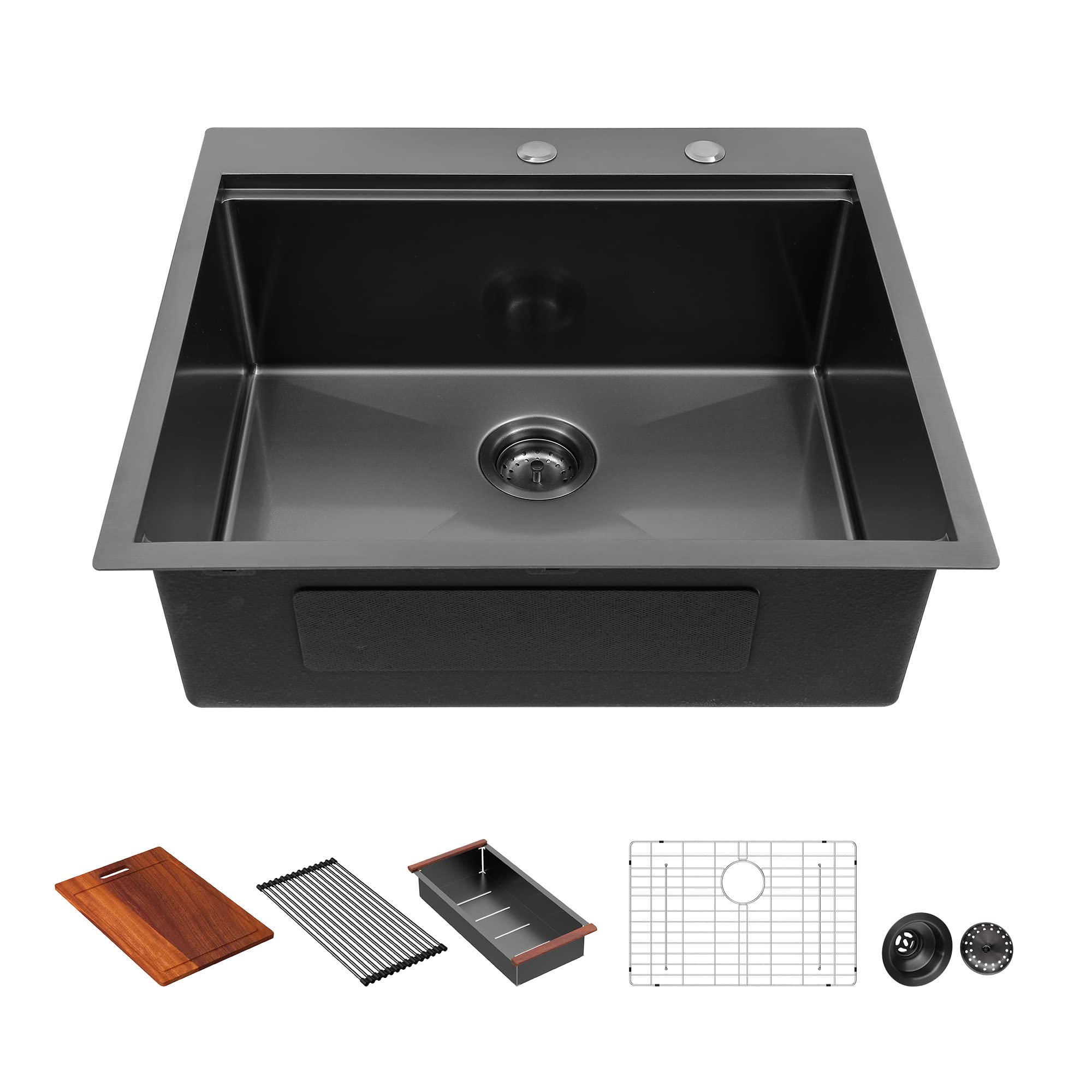 Sarlai28 Black Kitchen Sink Drop In - 28 x22 Inch Topmount Gunmetal Black Dark Gray 16 Gauge Stainless Steel Single Bowl Overmount Kitchen Sink Basin