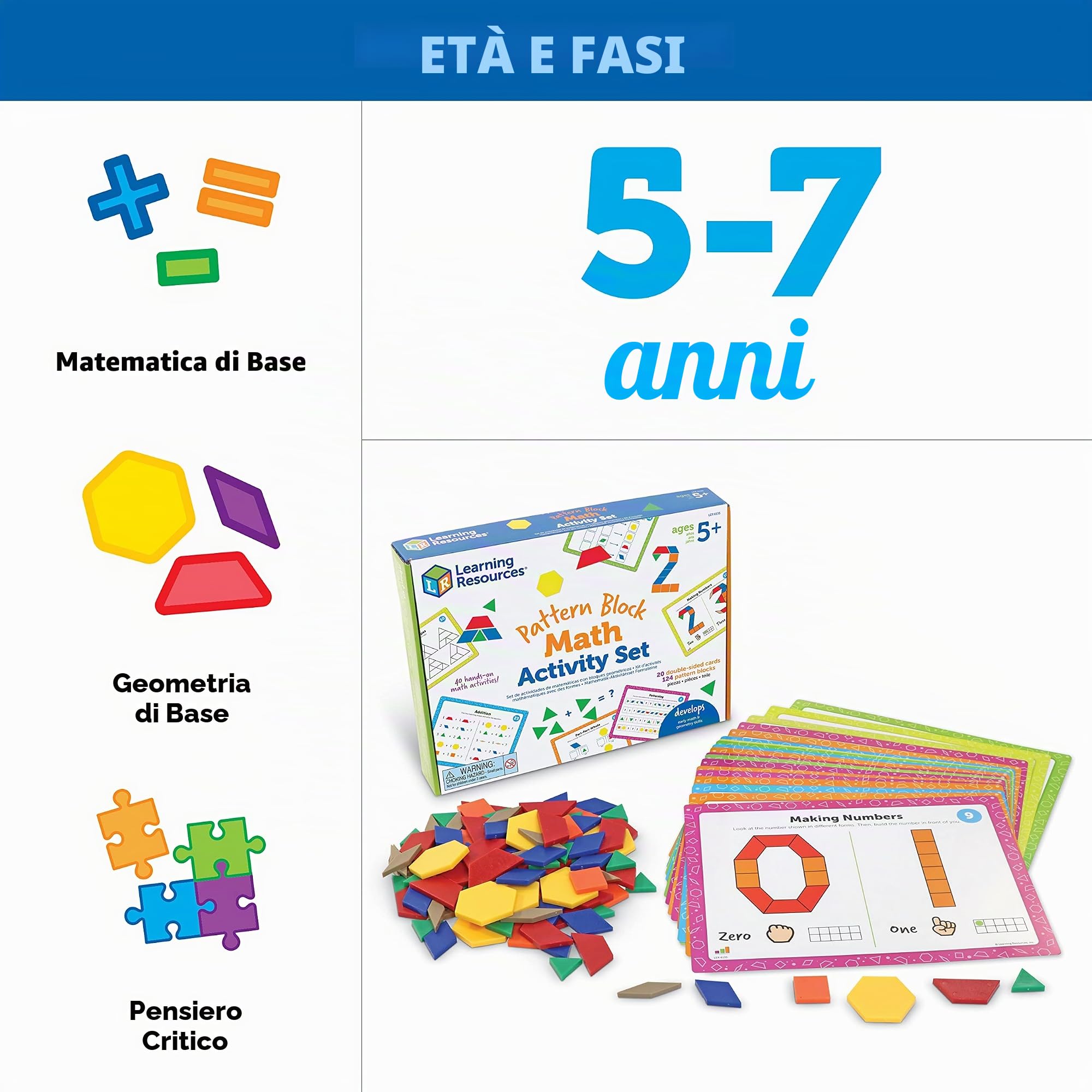 Learning Resources Set di attività Matematiche a Blocchi, Giochi matematici per Bambini, Giochi educativi, Matematica prescolare, Montessori, 144 Pezzi, età 5+