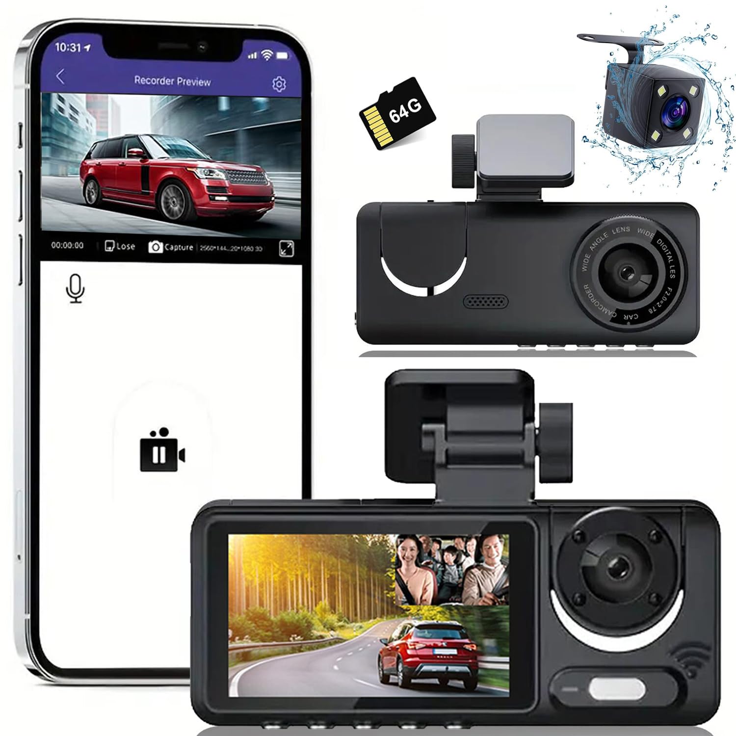 3 Channel Dash Cam, Full UHD Front and Car CameraRear Inside,Car Camera Full HD 170 Deg Wide Angle Dashboard Camera with 64GB Card, 2-Inch Screen,