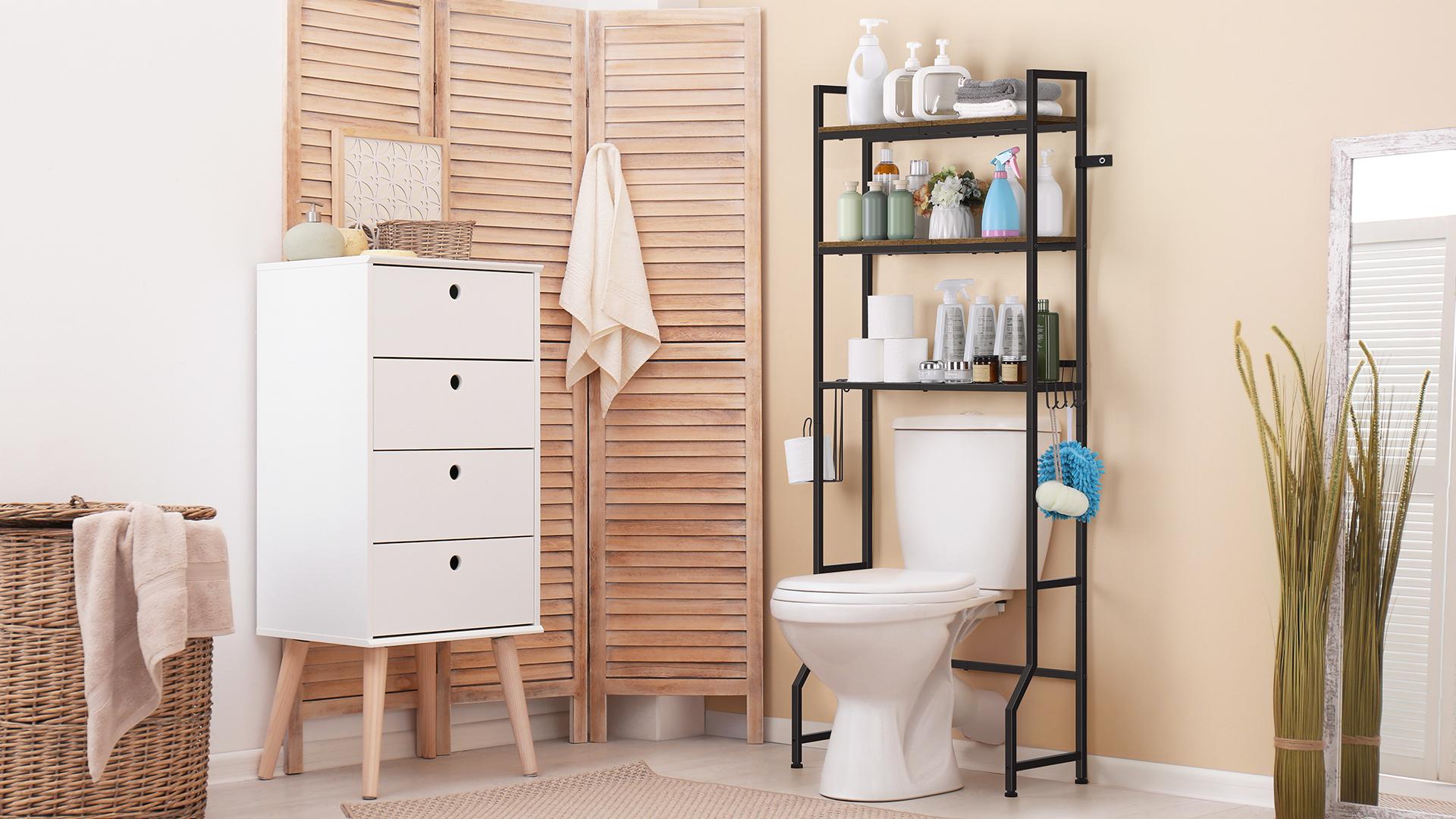 Over-The-Toilet Storage Rack, 3-Tier Bathroom Organizer Shelf Above Toilet Basket Freestanding Space Saver Shelves Room Rustic Brown