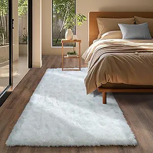 White Fluffy Rugs for Living Room 2x6 ft - Ultra Soft Faux Fur Area Rug - Plush Non-Slip Shaggy Carpet for Bedroom, Kids Boys Girls Dorm Nursery Room