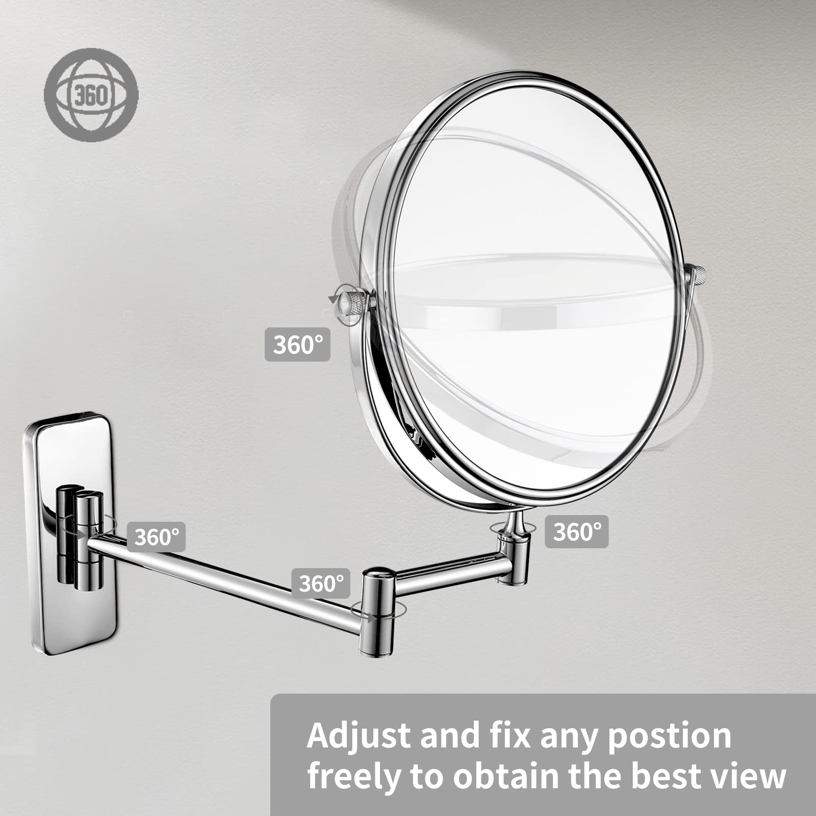 Nicesail Specchio cosmetico da parete con ingrandimento 7X – Specchio da trucco estensibile – Rotazione di 360° – Specchio da barba da montare a parete – Specchio ingranditore per bagno – Cromato