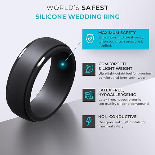 Miniatura 103 de ThunderFit Anillos de boda de silicona para hombre, 0.394 in de ancho y 0.098 in de grosor, paquete múltiple de variedad 1-7 Pack A: Negro